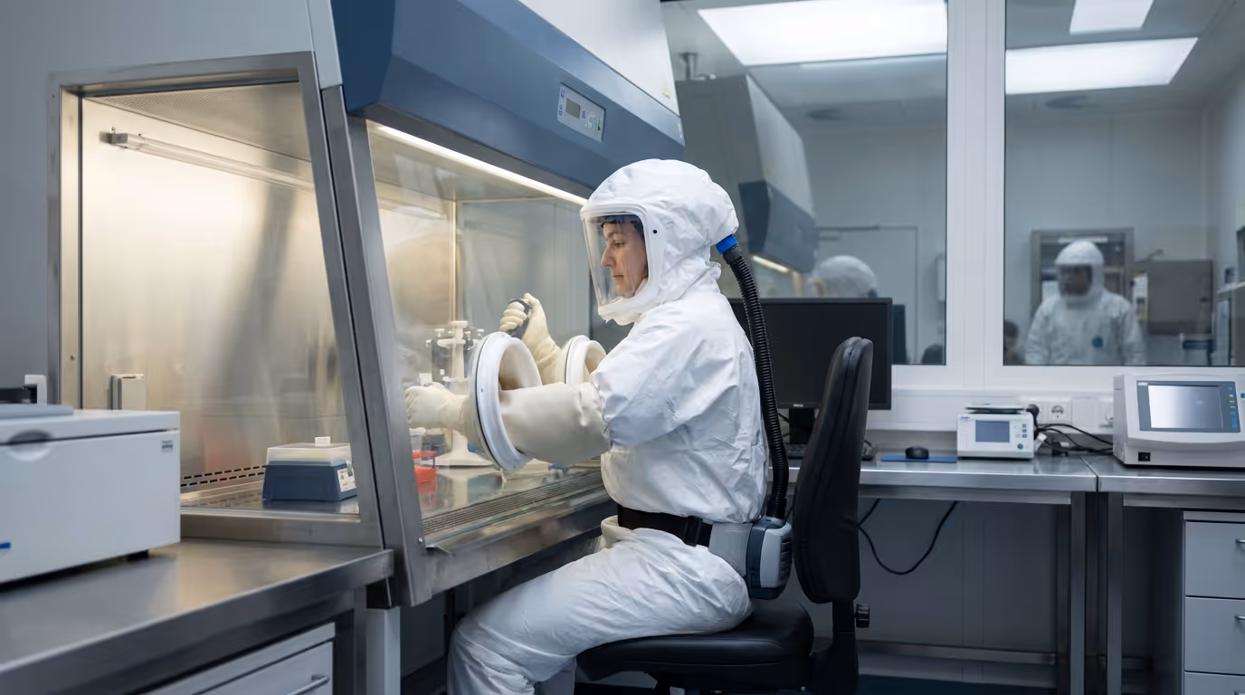 Mikrobiologin in S3-Schutzkleidung an einer Sicherheitswerkbank Klasse III