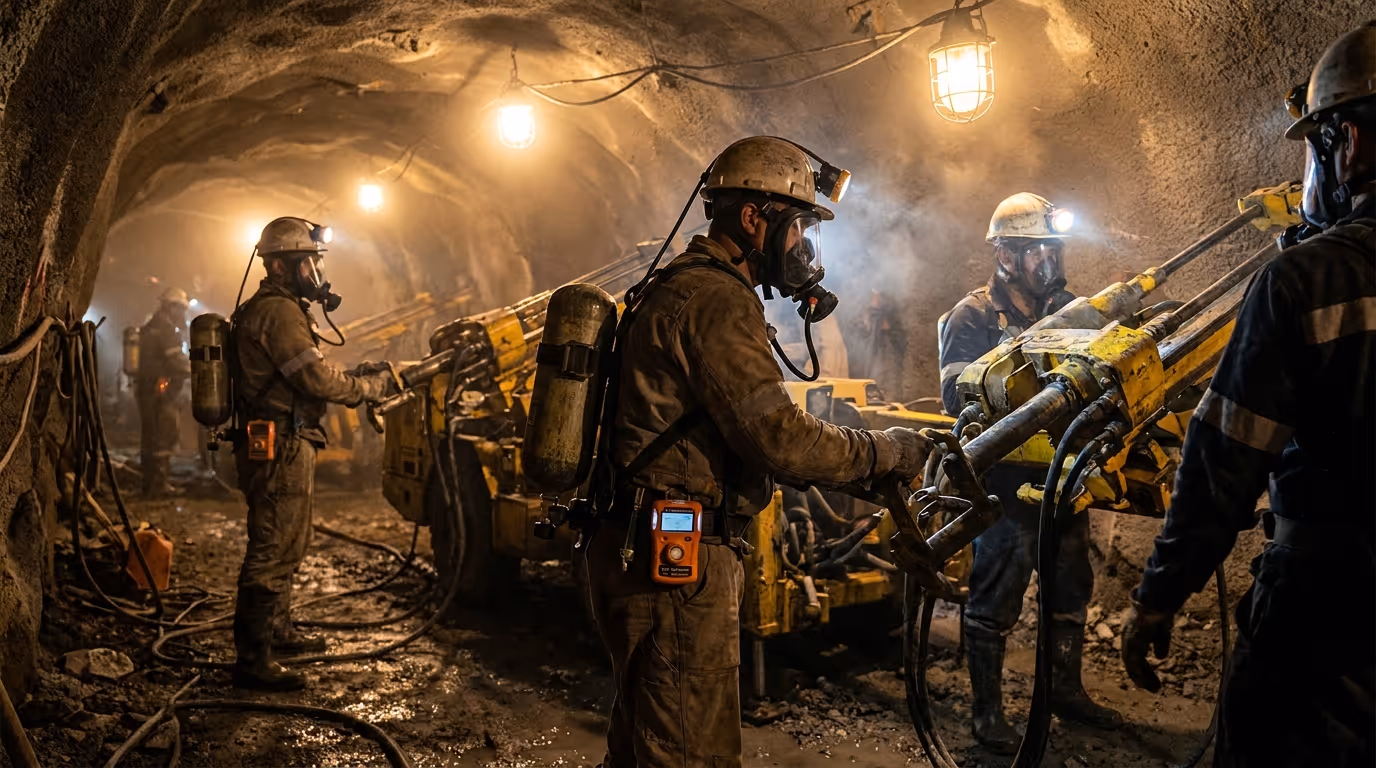 Tunnelbauer mit umluftunabhängigem Atemschutz und tragbarem CO-Warner im Tunnelvortrieb