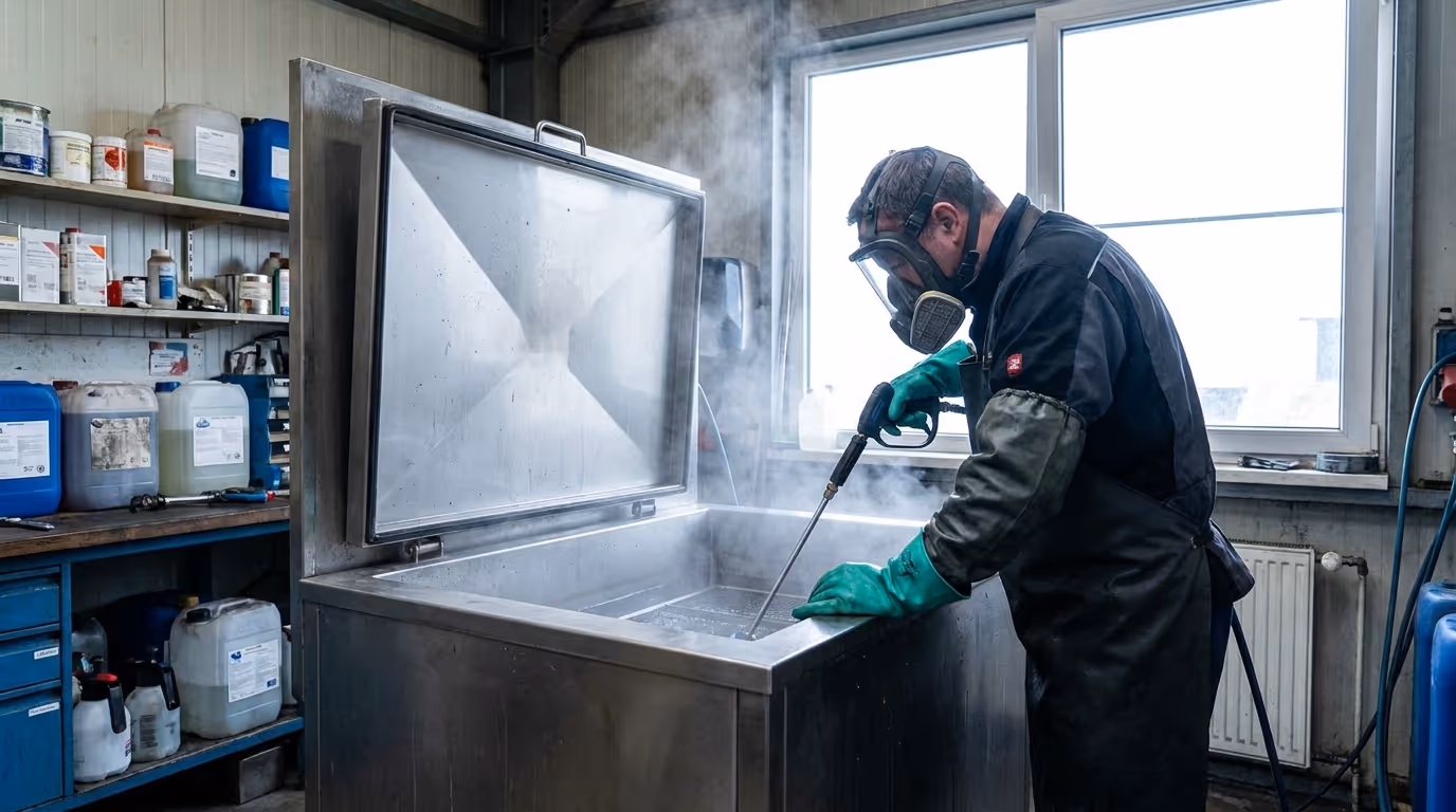 Industriereiniger mit Atemschutz an Tauchreinigungsanlage mit methanolhaltigem Reiniger