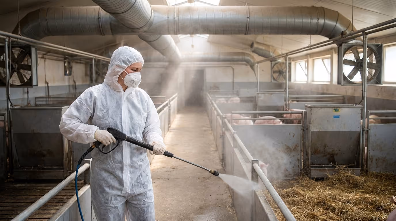 Tierpflegerin mit FFP2-Halbmaske bei Reinigungsarbeiten in Schweinehaltung