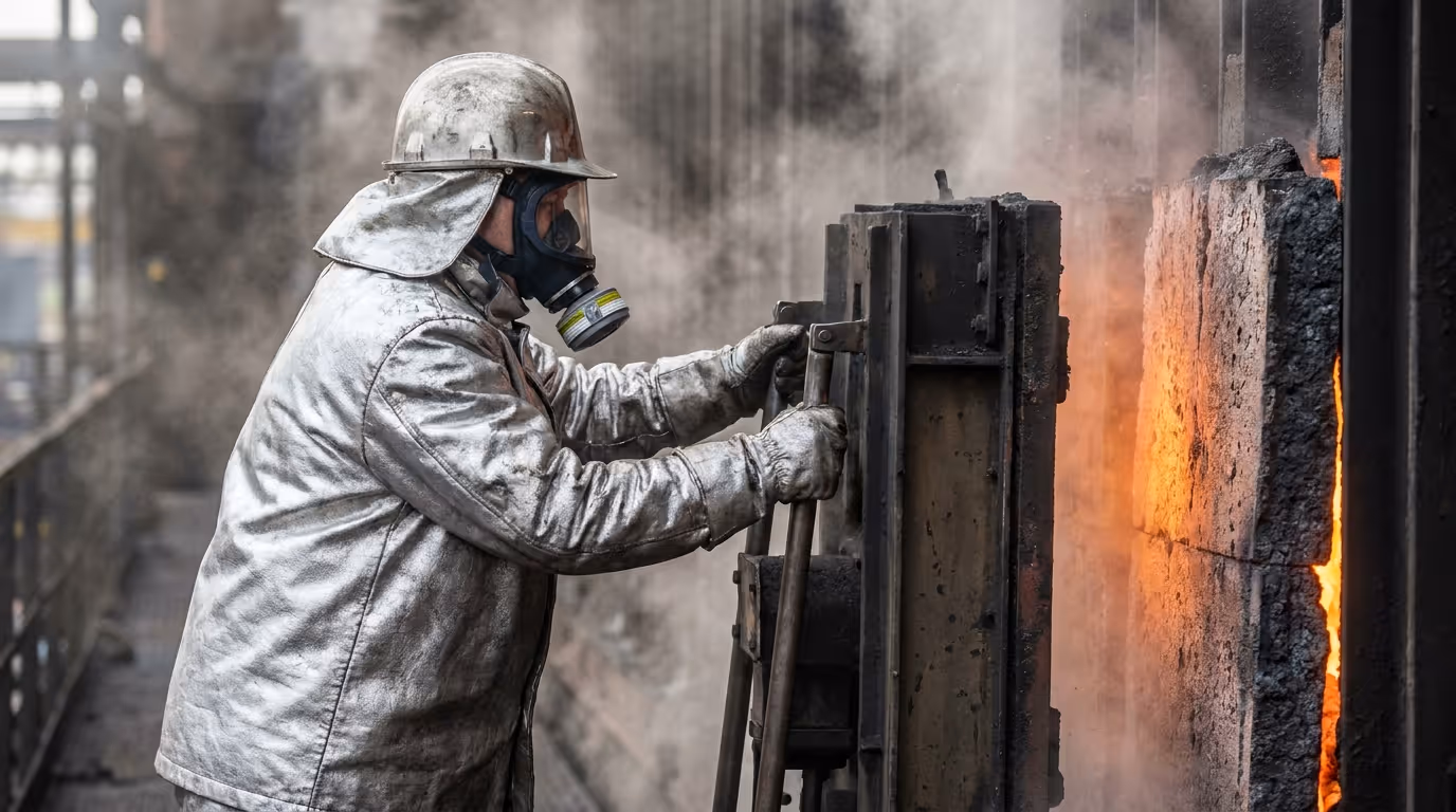 Ofenarbeiter in Hitzeschutzkleidung beim Drücken einer Koksbatterie