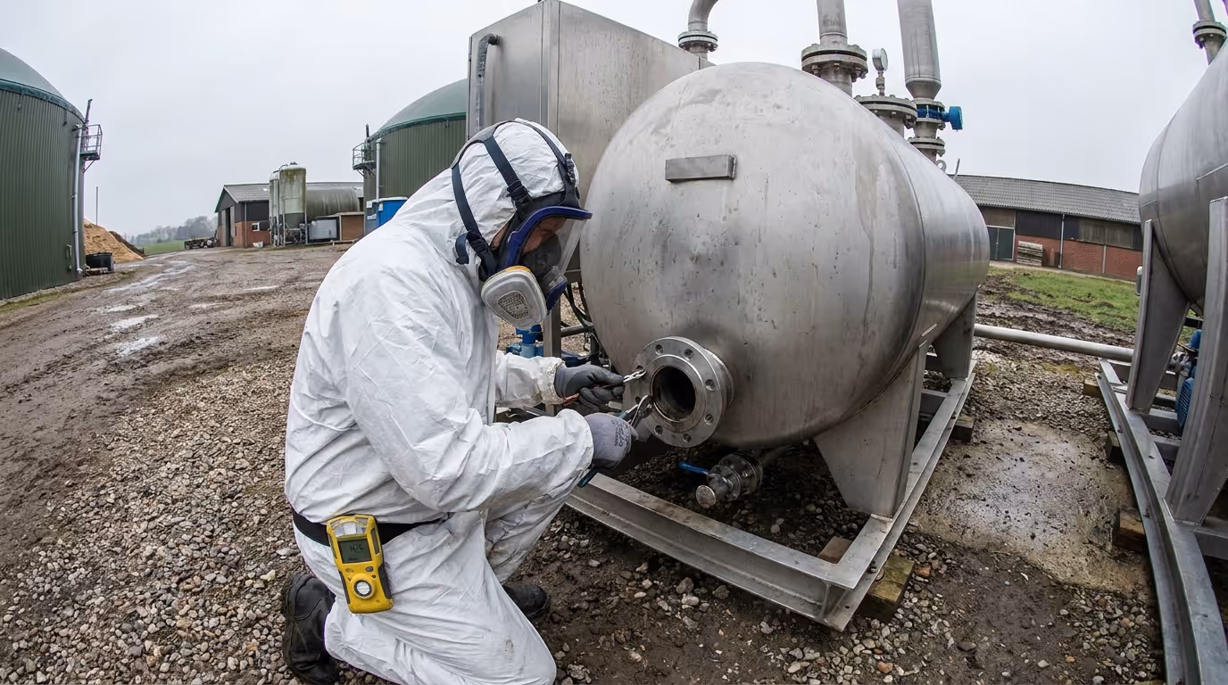 Biogasanlagen-Operator mit Atemschutz und Gas-Warngerät