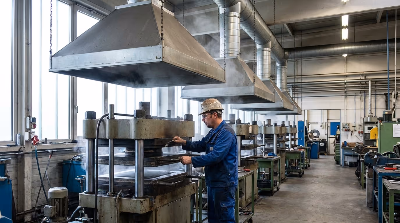 Vulkanisationsanlage in einem deutschen Gummiwerk mit örtlicher Absaugung