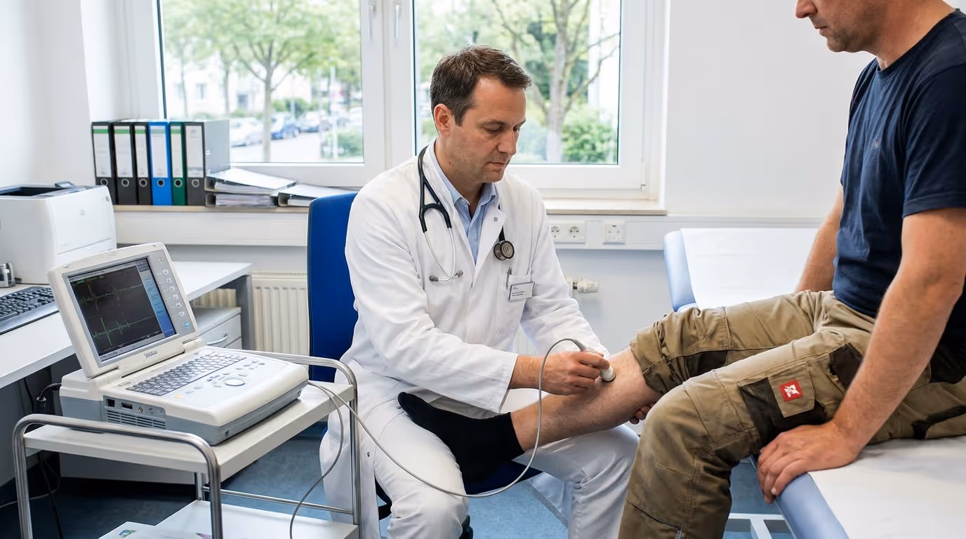 Neurologe führt Nervenleitgeschwindigkeitsmessung am Bein zur Polyneuropathie-Diagnostik durch