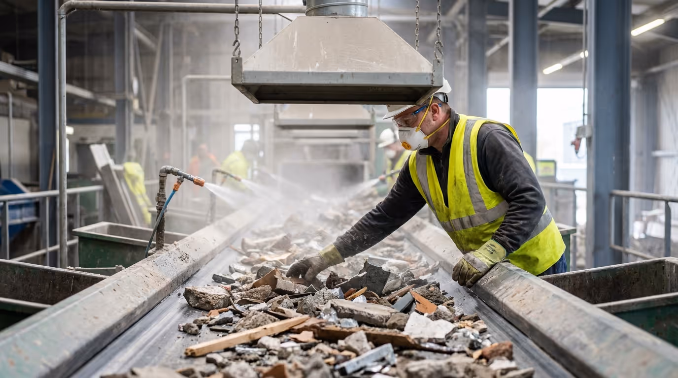 Recyclingmitarbeiter mit FFP3-Maske beim Sortieren auf Förderband