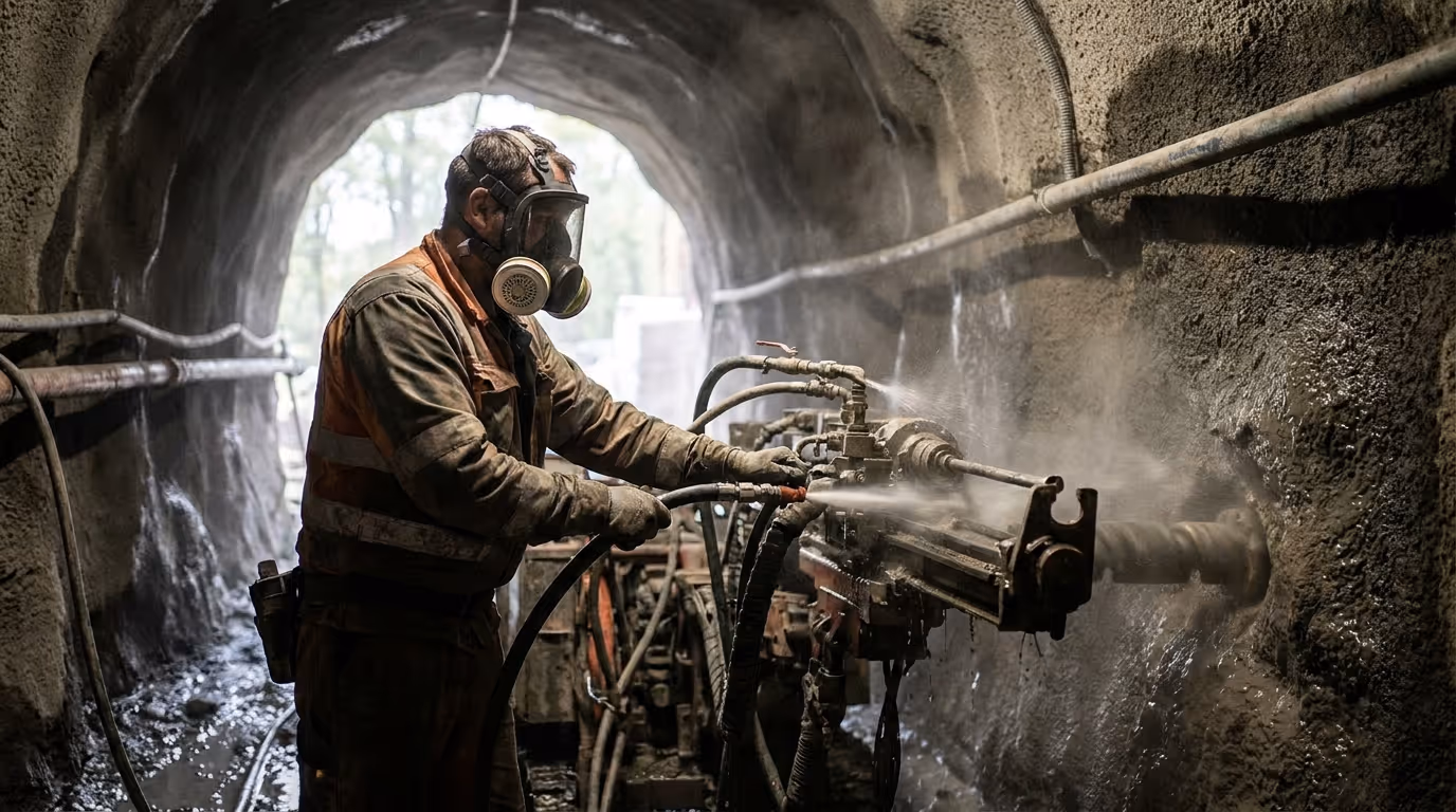 Tunnelbauer mit Vollmaske und P3-Filter beim Vortrieb mit Bewässerungssystem