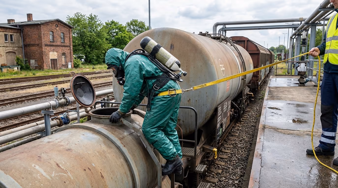 Mitarbeiter in Vollschutz beim Befahren eines Eisenbahnkesselwagens