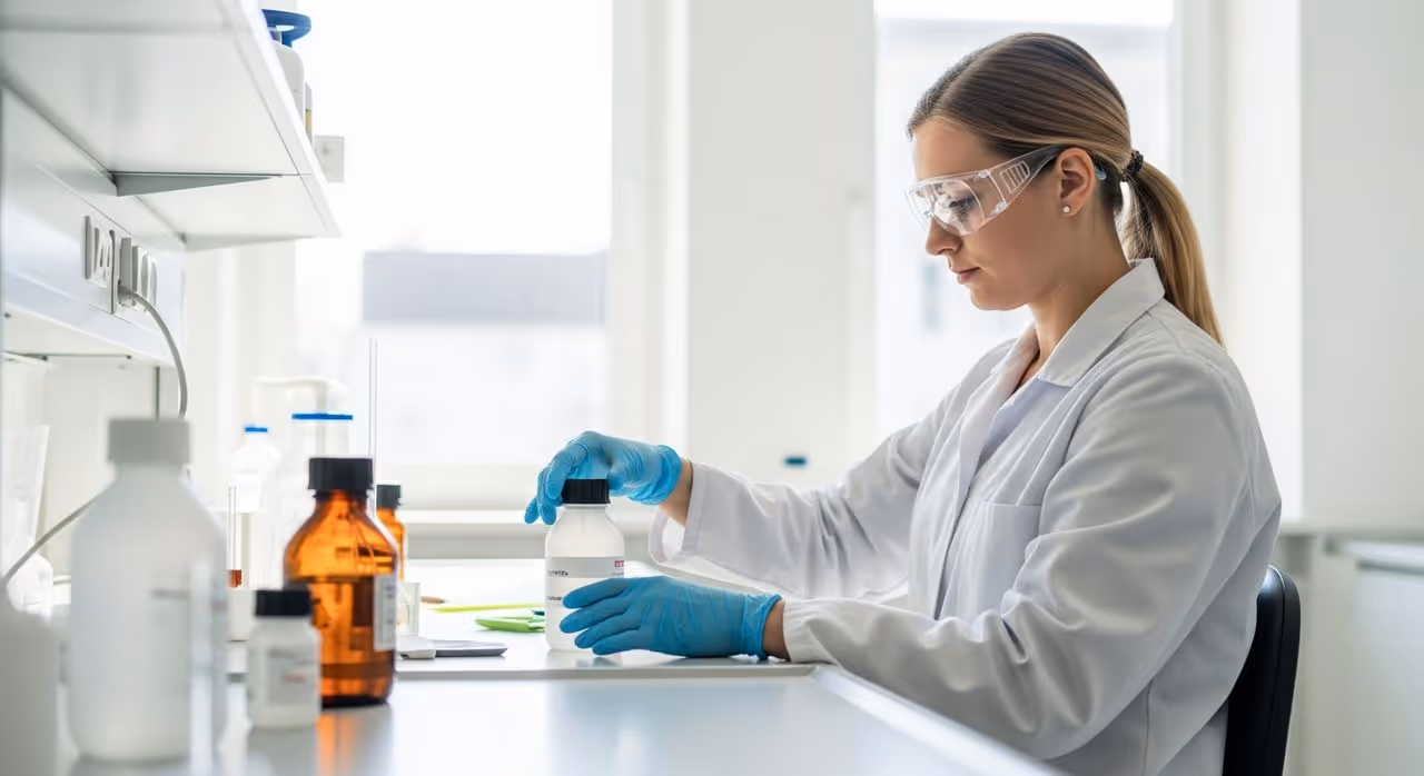 Chemiker mit Gefahrstoffen im Labor bei TRGS-konformer Handhabung