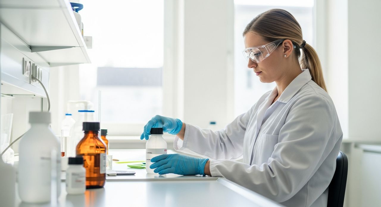 Chemiker mit Gefahrstoffen im Labor bei TRGS-konformer Handhabung
