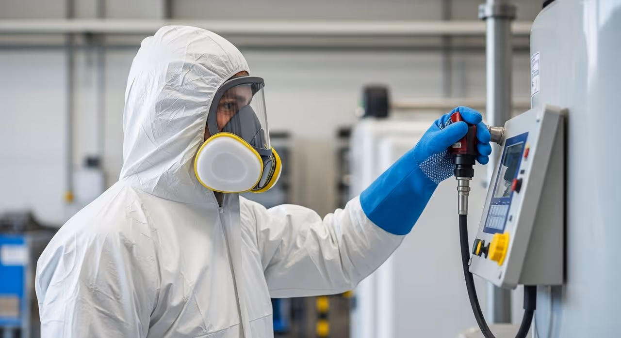 Arbeiter in chemischer Schutzausrüstung mit Atemschutz