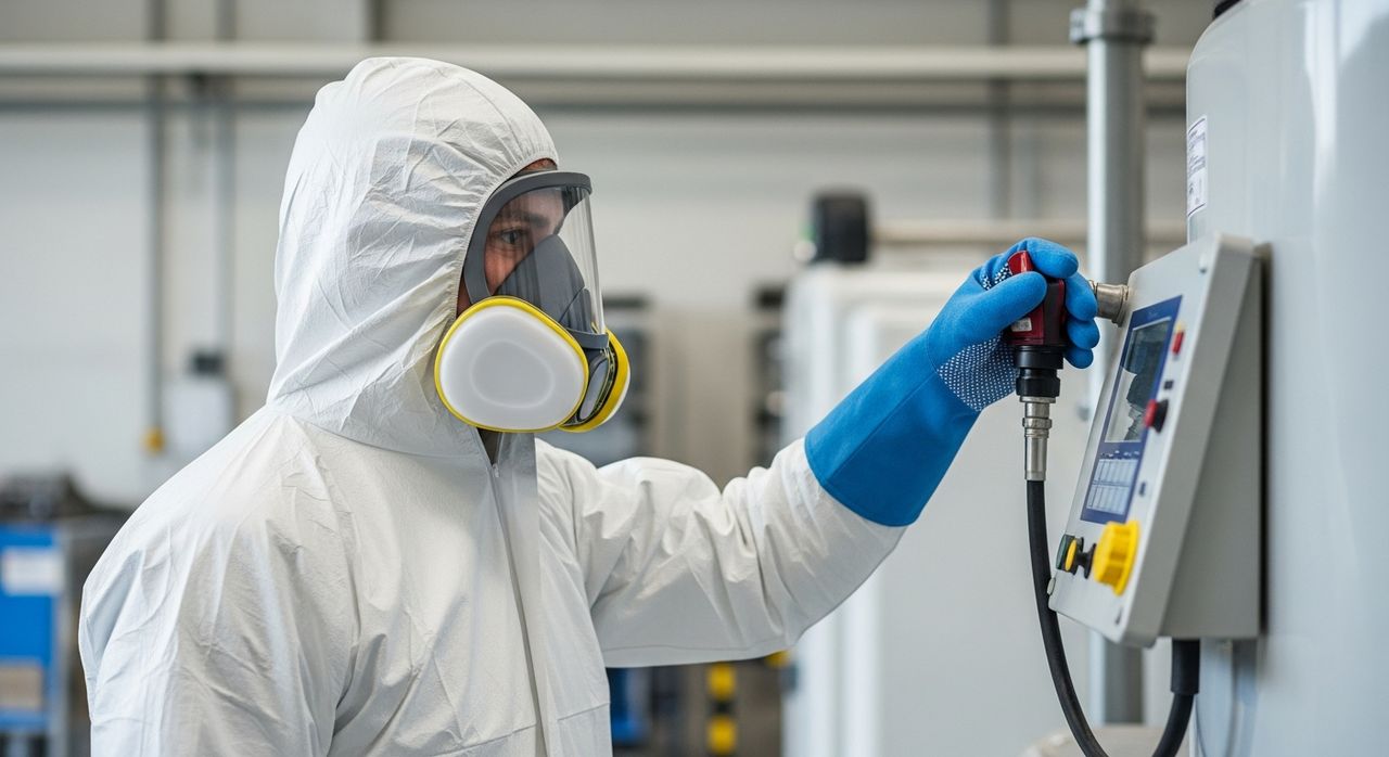 Arbeiter in chemischer Schutzausrüstung mit Atemschutz