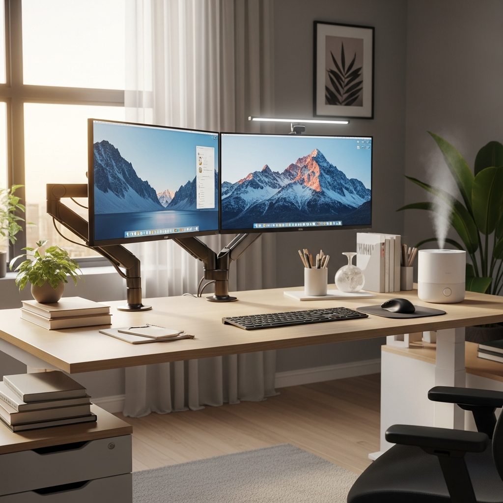 Ergonomischer Bildschirmarbeitsplatz mit optimaler Monitorposition und Beleuchtung