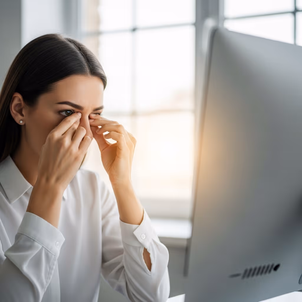 Frau reibt sich müde Augen am Bildschirmarbeitsplatz - Office Eye Syndrom