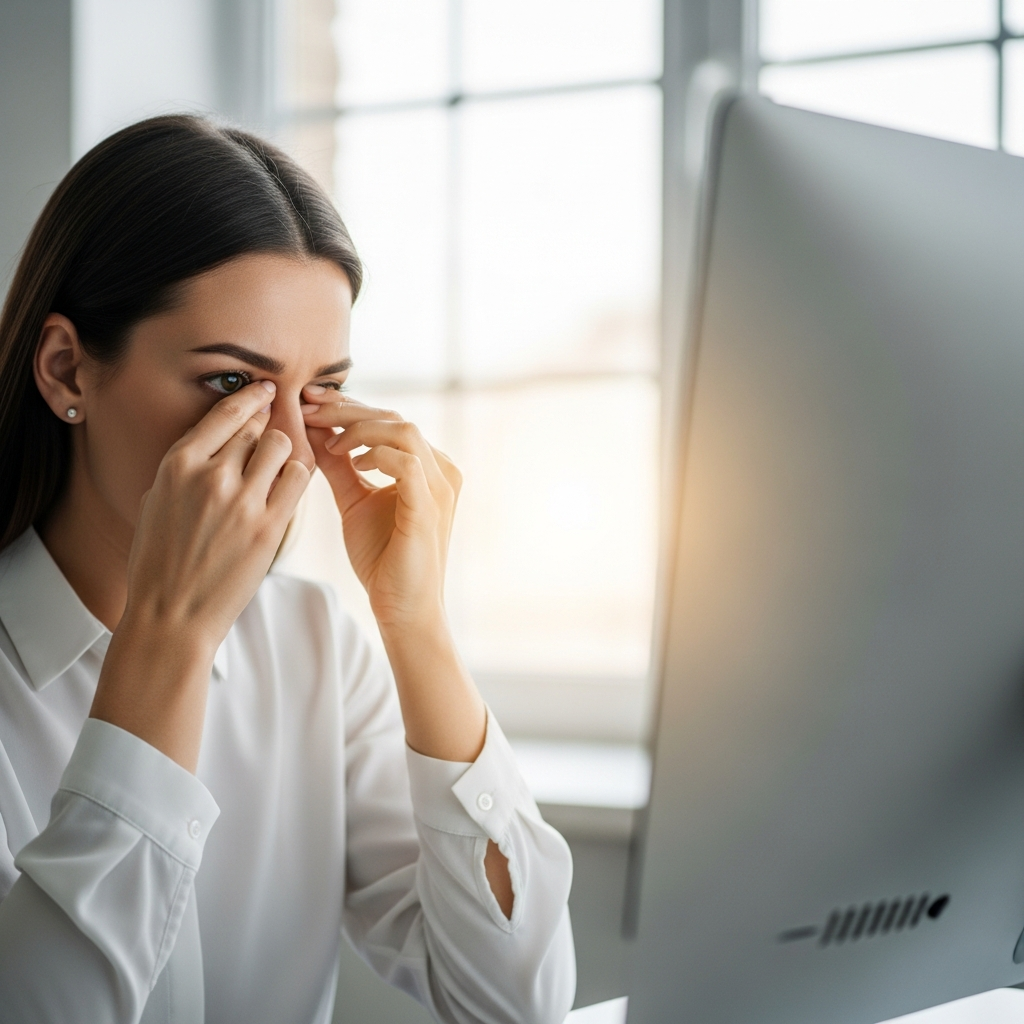 Frau reibt sich müde Augen am Bildschirmarbeitsplatz - Office Eye Syndrom