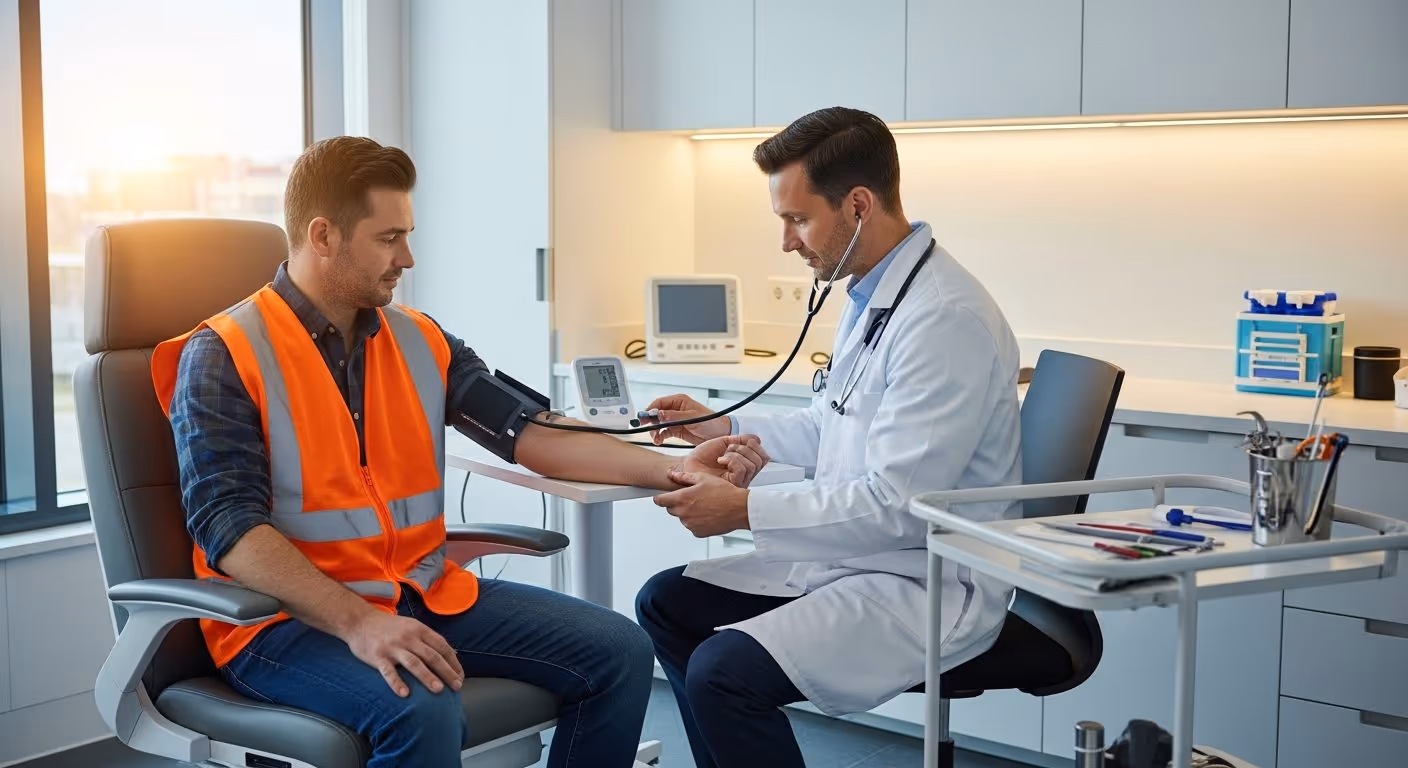 Betriebsärztliche Sprechstunde – Arzt berät Mitarbeiterin am Arbeitsplatz