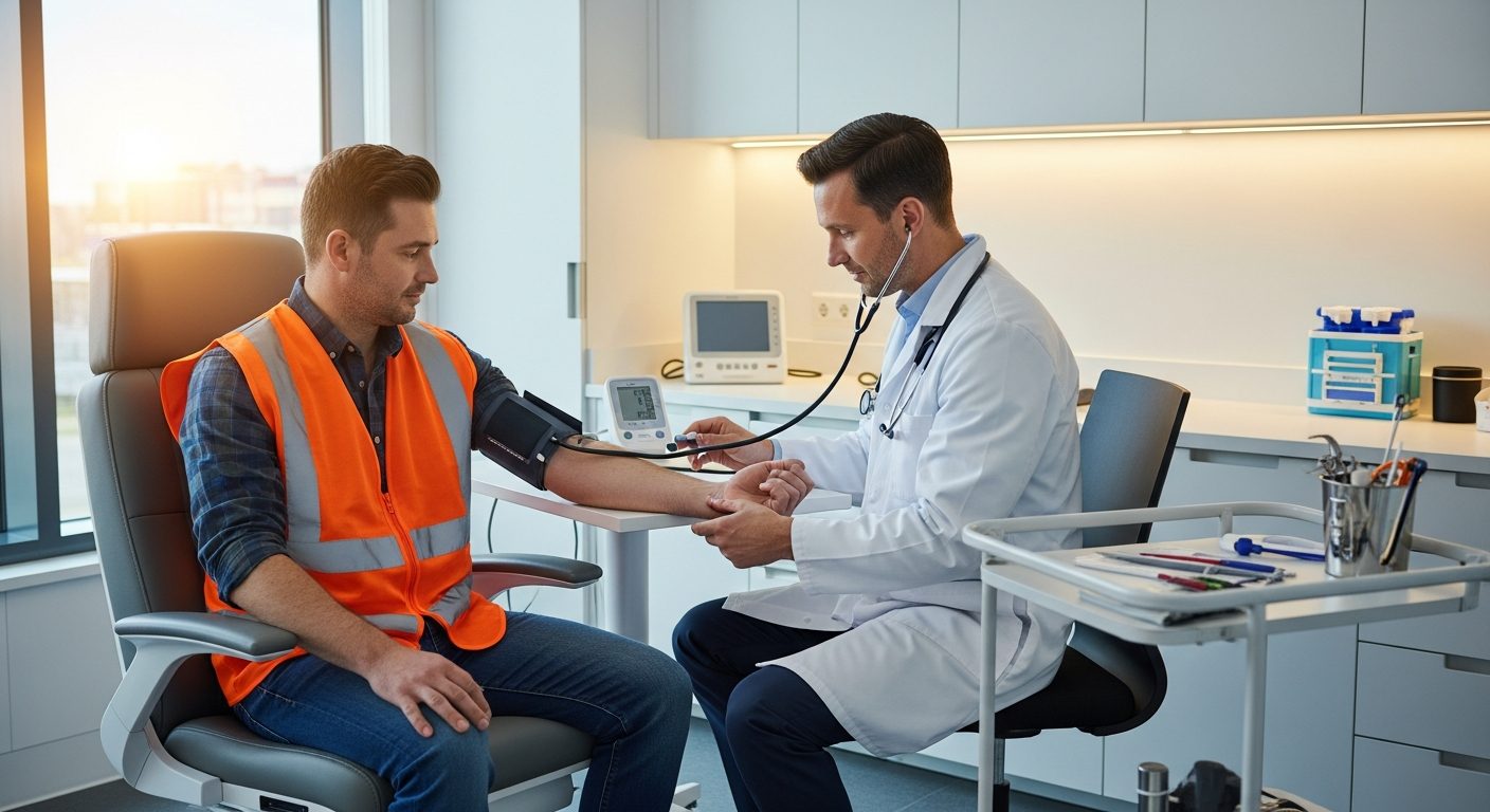 Betriebsärztliche Sprechstunde – Arzt berät Mitarbeiterin am Arbeitsplatz