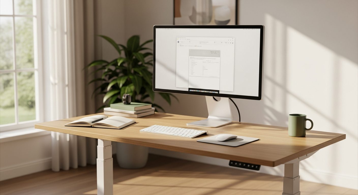 Ergonomisch eingerichteter Homeoffice-Arbeitsplatz mit höhenverstellbarem Schreibtisch und externem Monitor nach DGUV Information 215-410