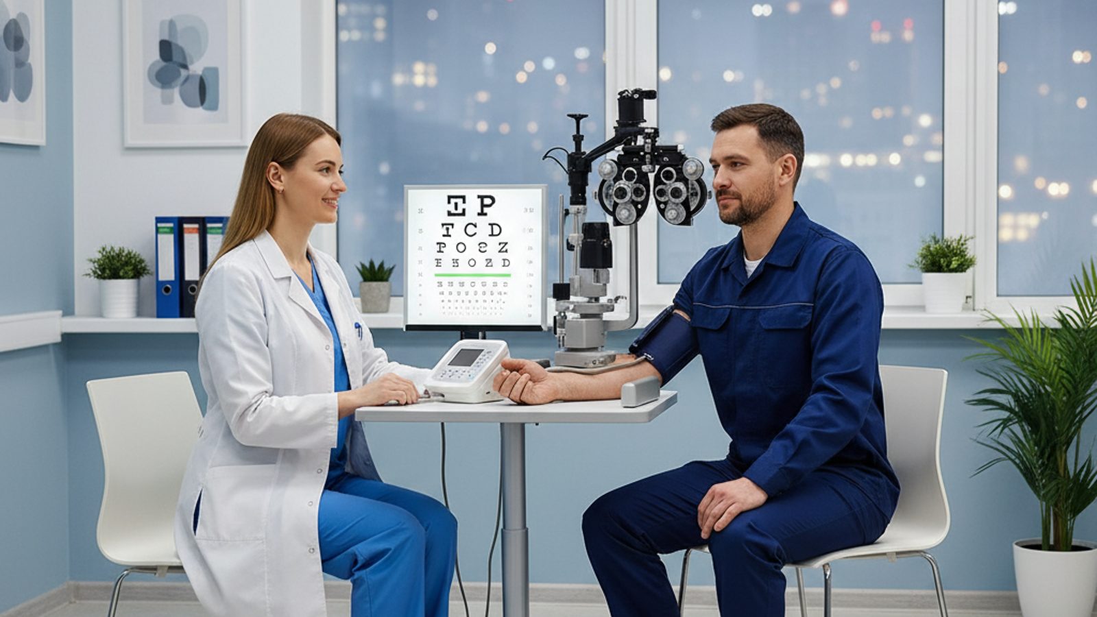 Arbeitsmedizinische Vorsorge mit Blutdruckmessung und Sehtest