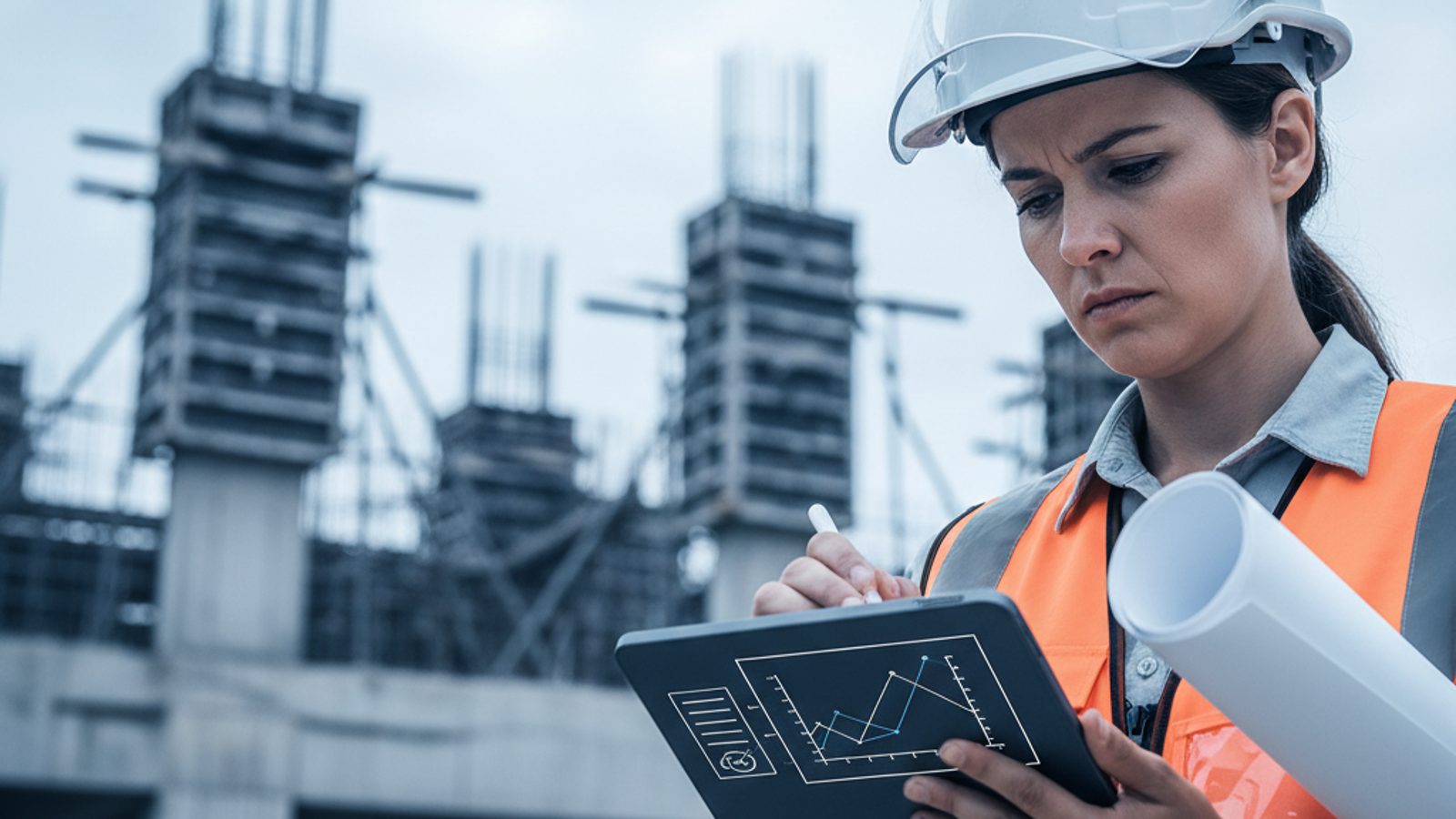 Bauleiterin dokumentiert auf einem Tablet den Sicherheits- und Gesundheitsschutzplan auf der Baustelle