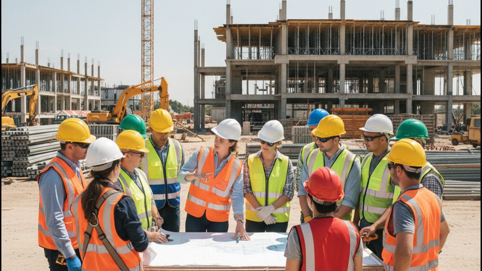 Koordinierungsbesprechung mehrerer Gewerke mit Bauplan auf einer Baustelle