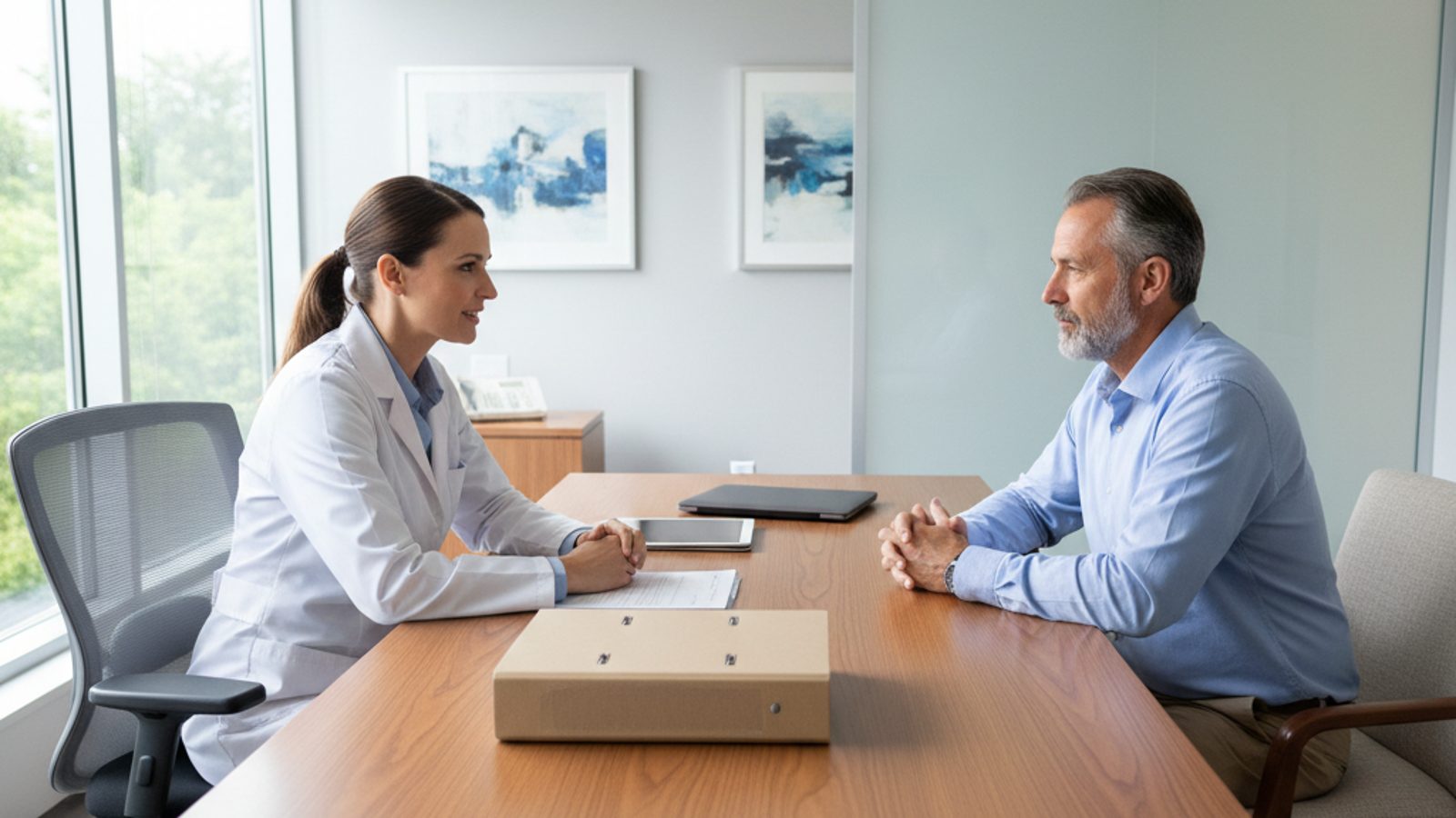 Vertrauliches ärztliches Beratungsgespräch mit geschlossener Patientenakte als Sinnbild für Datenschutz