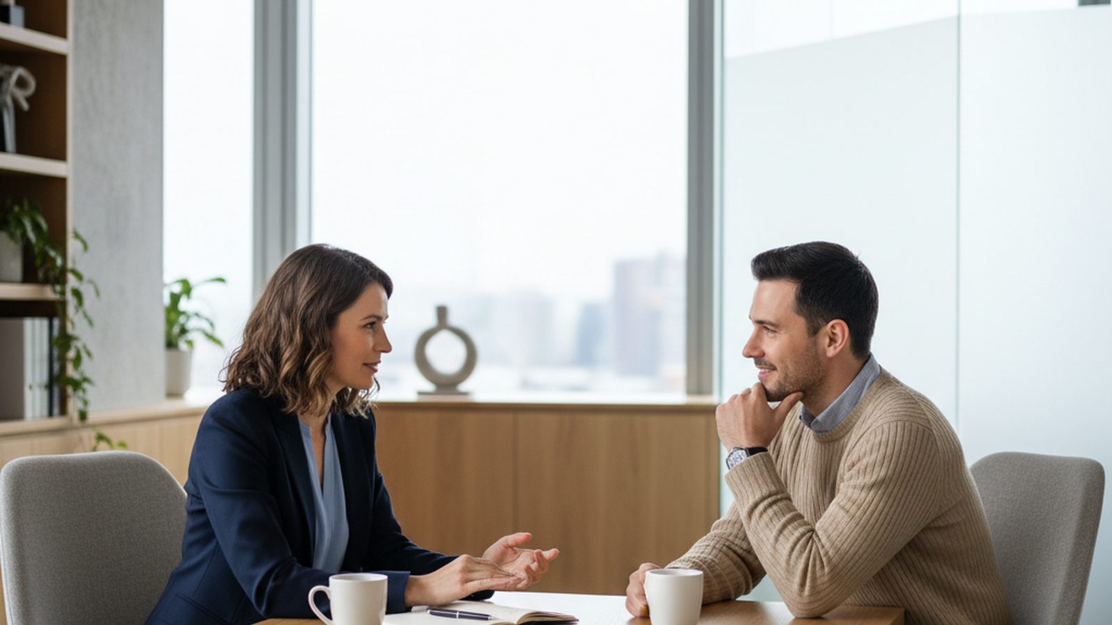 Zwei Kolleginnen und Kollegen besprechen in ruhiger Atmosphäre das Belastungserleben am Arbeitsplatz
