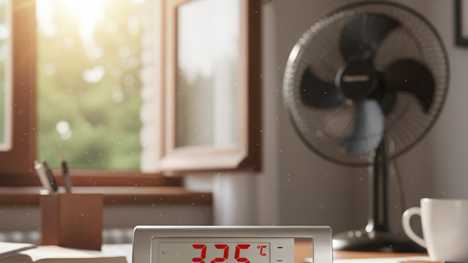 Thermometer mit hoher Raumtemperatur neben einem sonnigen Bürofenster