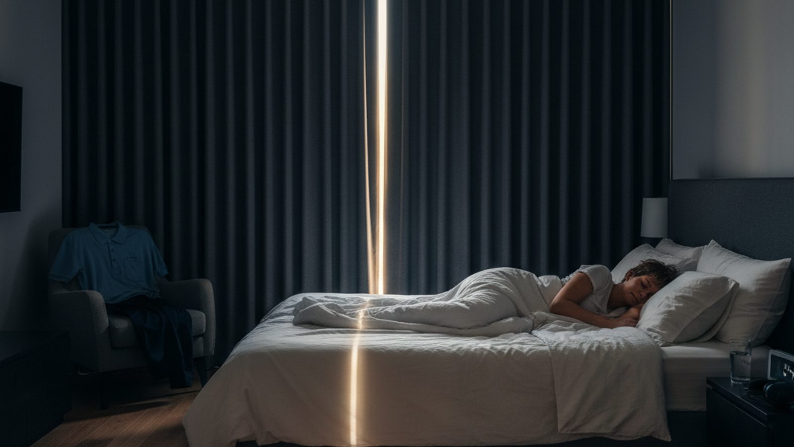Person schläft tagsüber in einem stark abgedunkelten Schlafzimmer