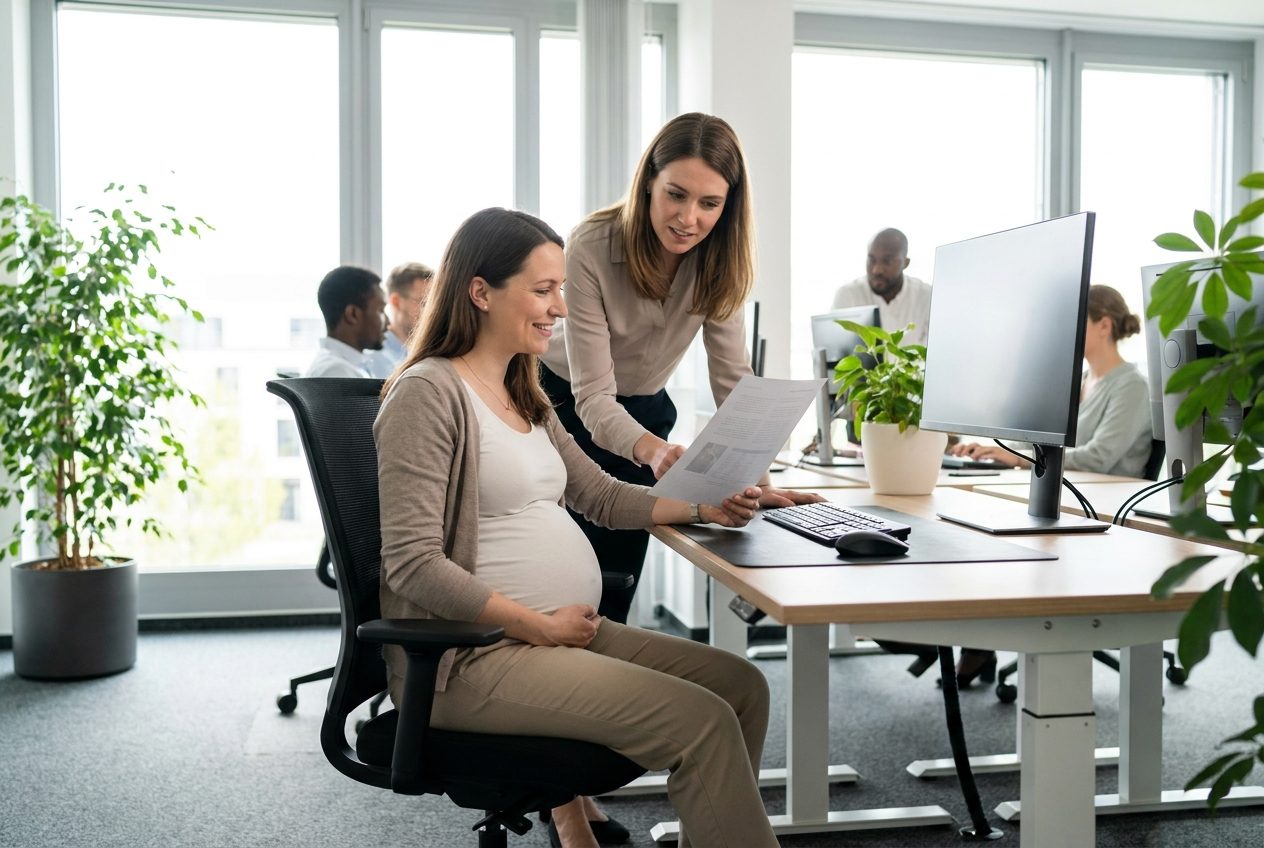 Schwangere Mitarbeiterin am ergonomischen Arbeitsplatz