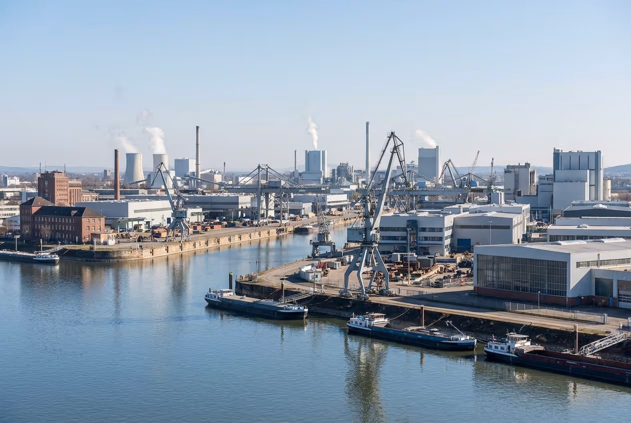 Mannheimer Industriehafen am Rhein mit Kränen und Maschinenbau