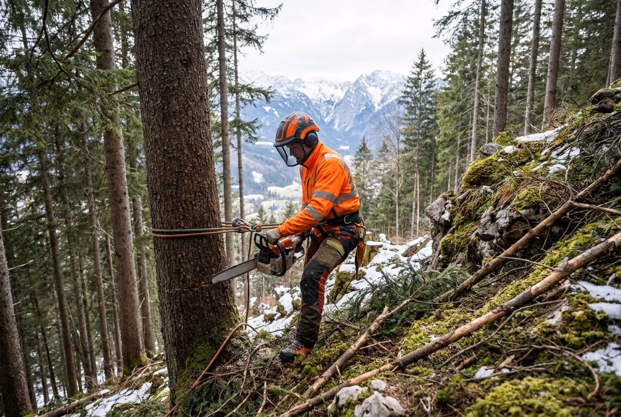 Forstarbeit mit Schutzausrüstung im Bergwald bei Berchtesgaden