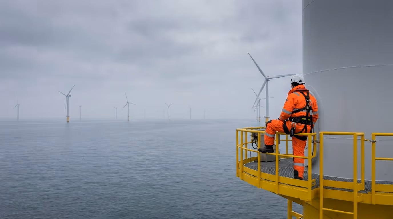 Servicetechniker in Schutzausruestung auf einer Offshore-Windenergieanlage