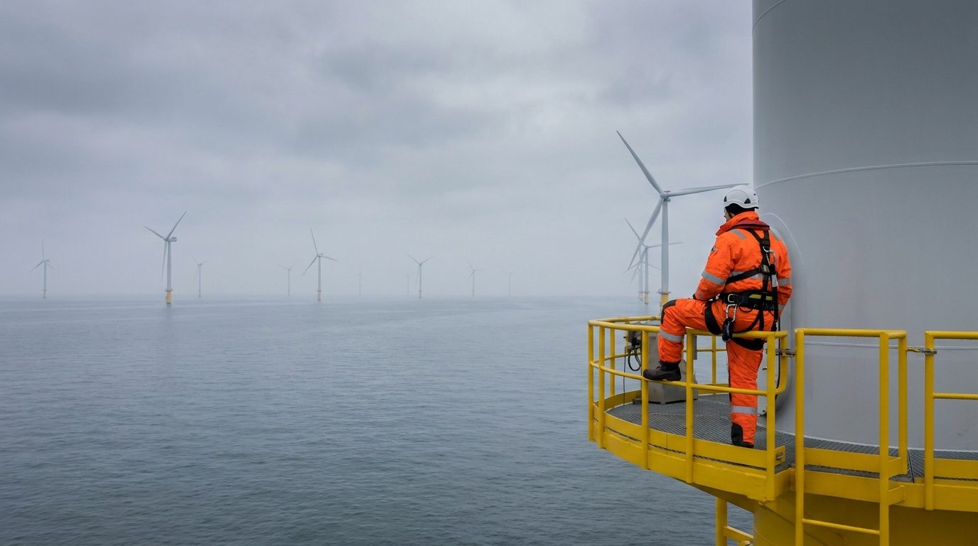 Servicetechniker in Schutzausruestung auf einer Offshore-Windenergieanlage