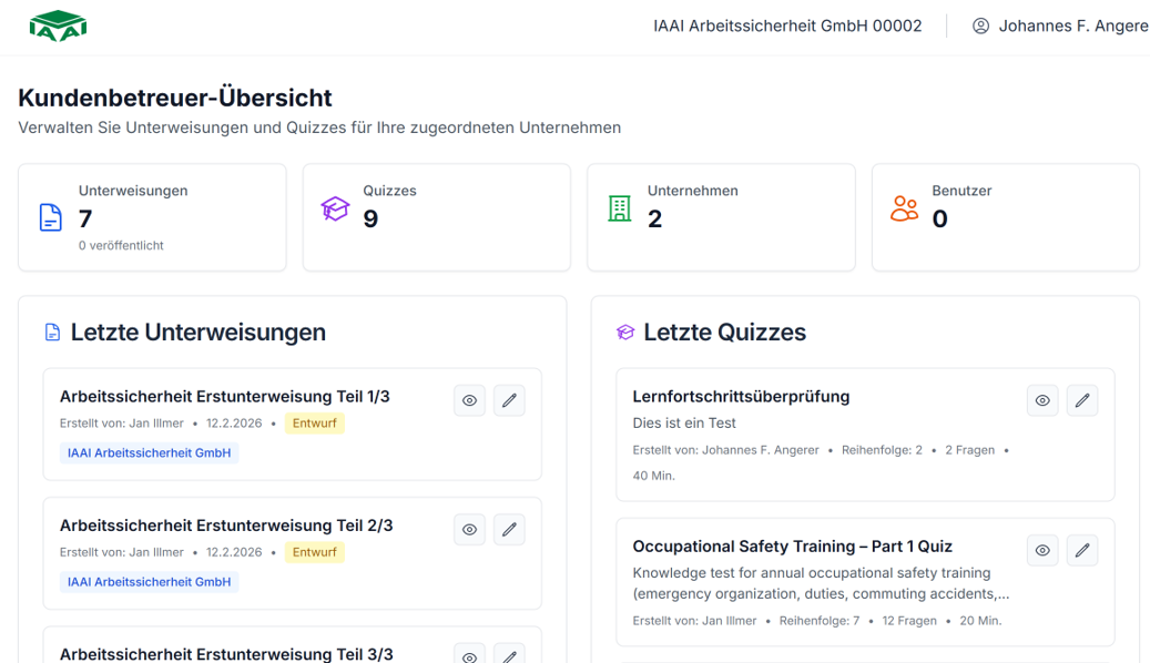 Screenshot der IAAI Academy: Kundenbetreuer-Uebersicht mit Unterweisungen und Quizzes