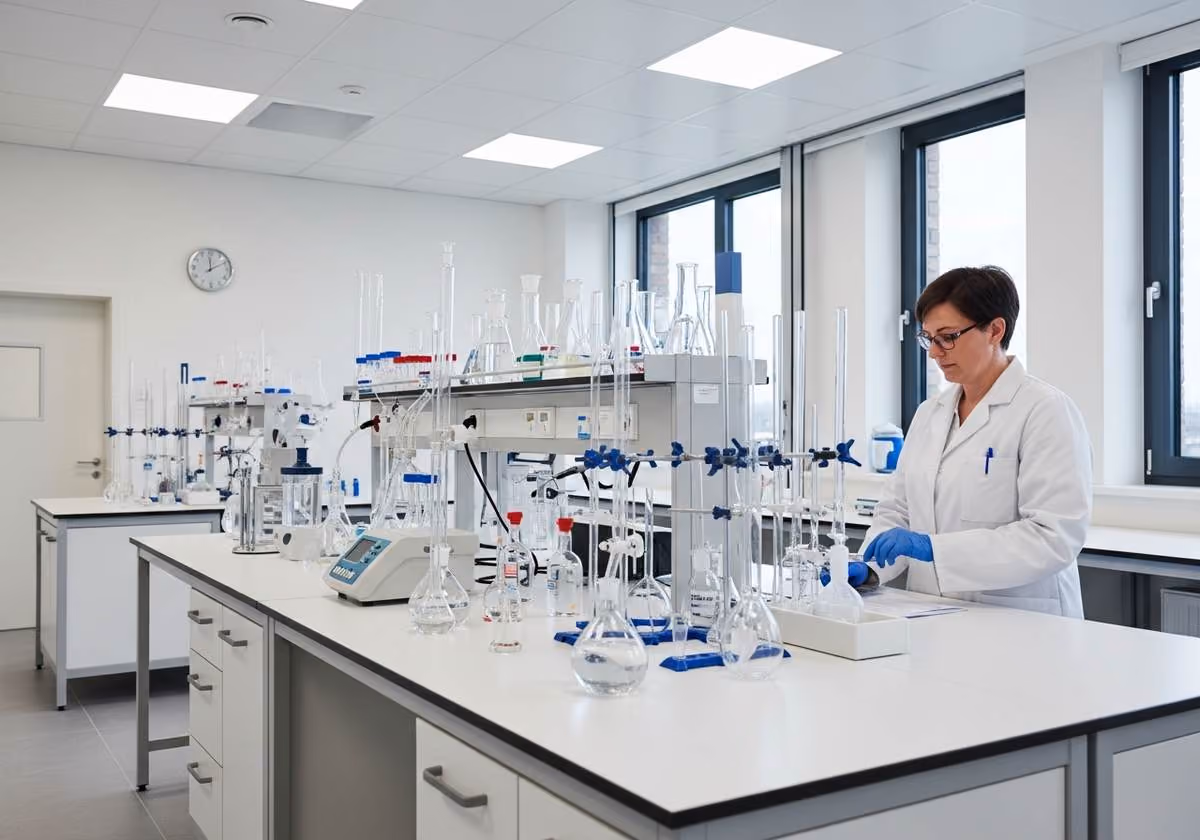Pharma-Labor in Halle Saale mit Wissenschaftlerin und Glasgeräten