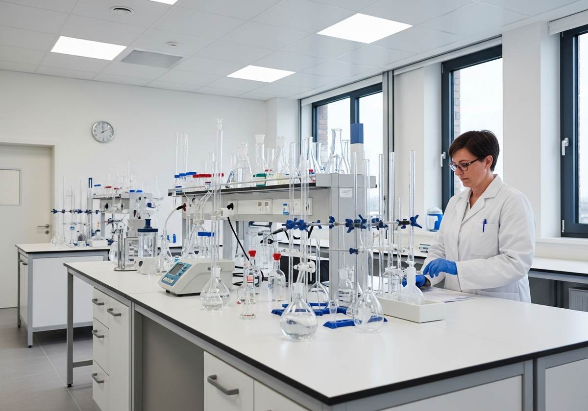 Pharma-Labor in Halle Saale mit Wissenschaftlerin und Glasgeräten