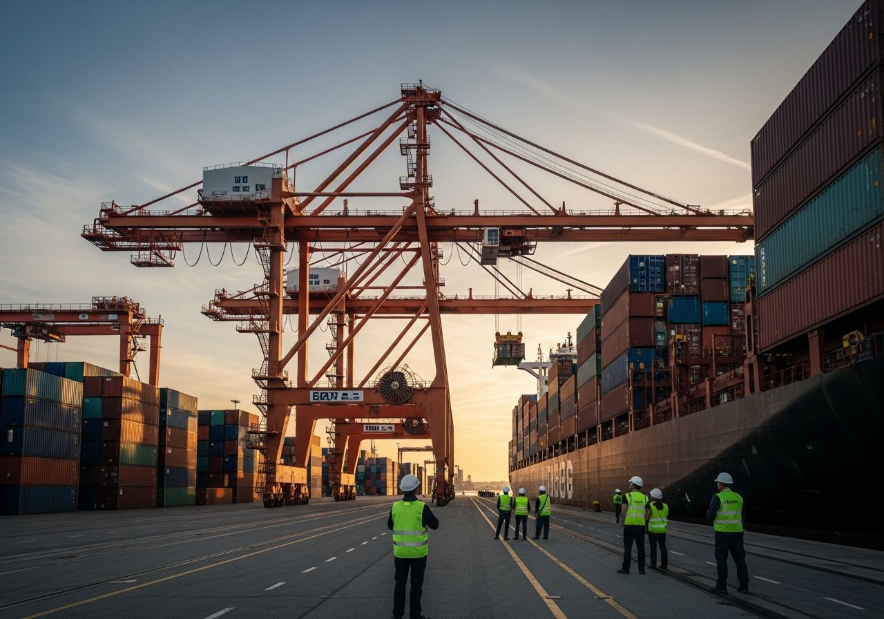 Containerterminal im Hamburger Hafen mit Hafenarbeitern und Containerbruecken