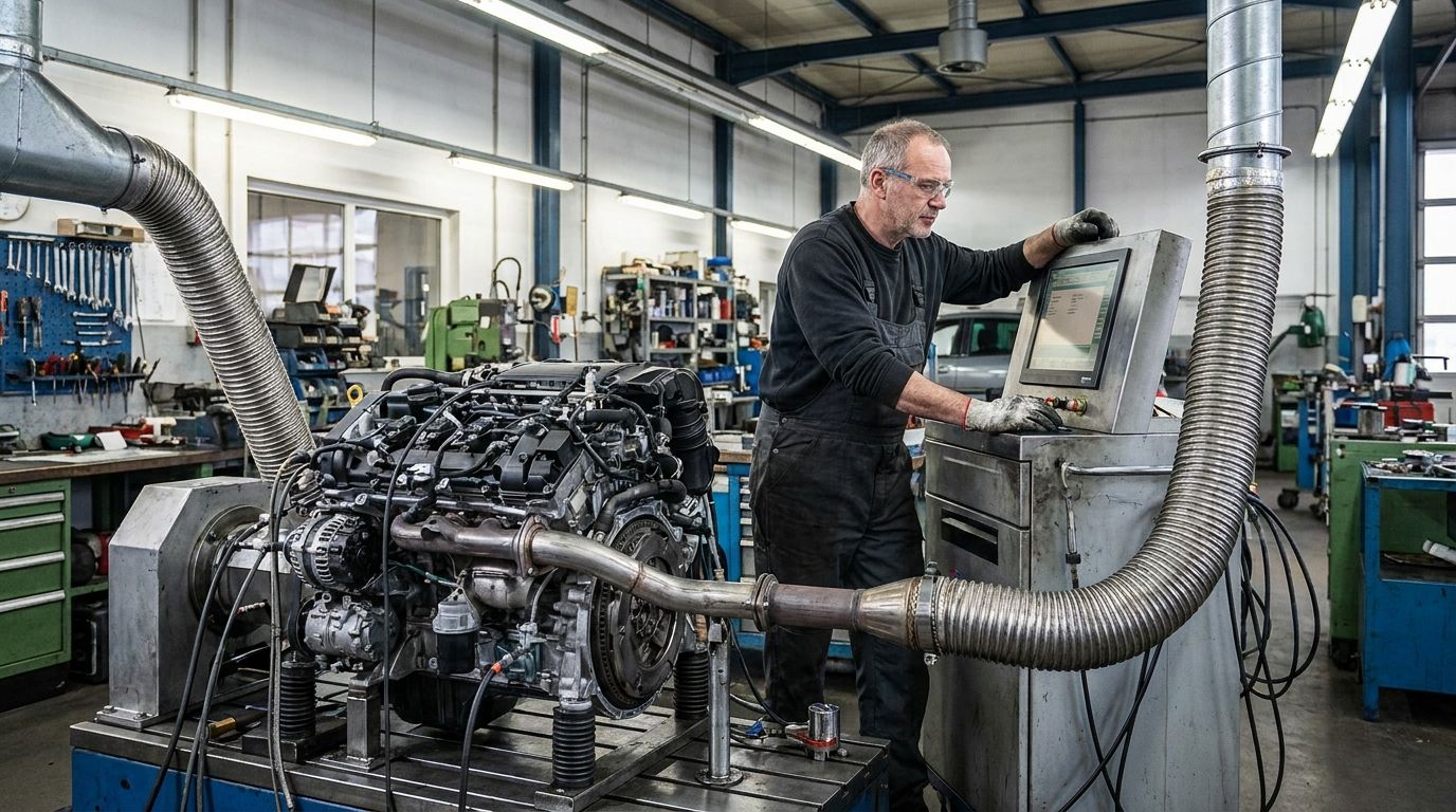 KFZ-Mechaniker am Motorprüfstand mit Absauganlage