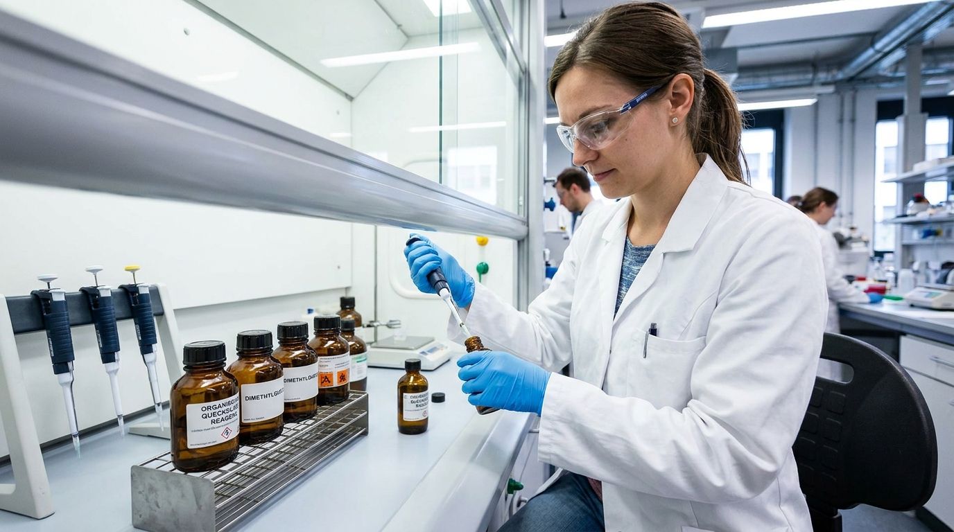 Wissenschaftlerin pipettiert quecksilberorganische Reagenzien unter dem Abzug