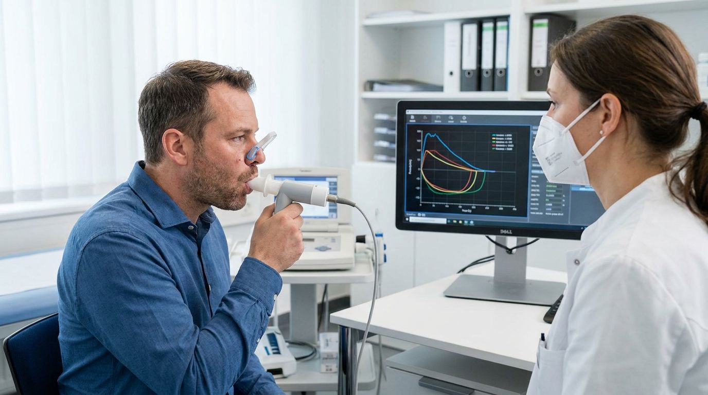Spirometrie bei Asbest-Vorsorge mit Patient am Mundstück und Betriebsarzt