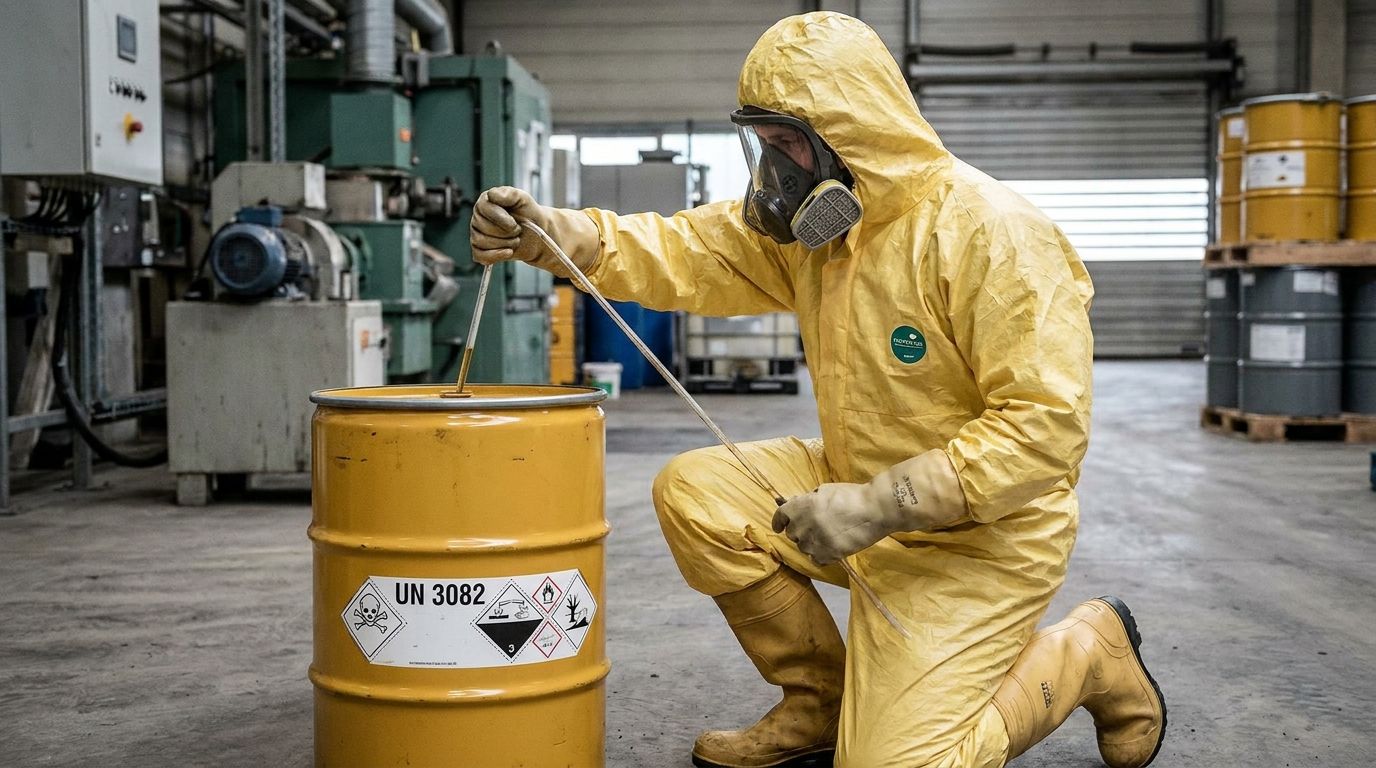 Probenahme an Sondermuell-Fass mit Gefahrgut-Kennzeichnung