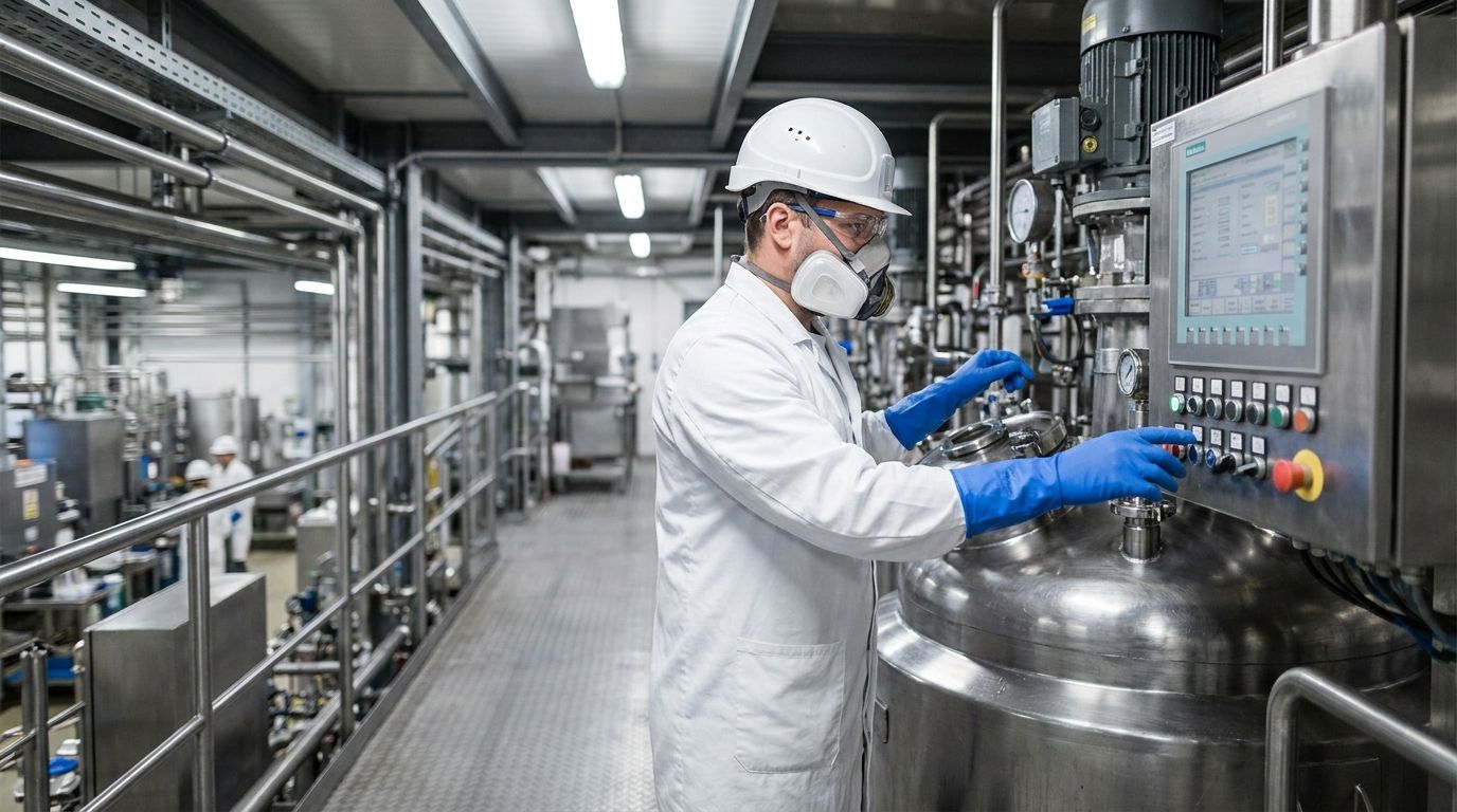 Pharma-Mitarbeiter an Reaktor in Wirkstoffsynthese