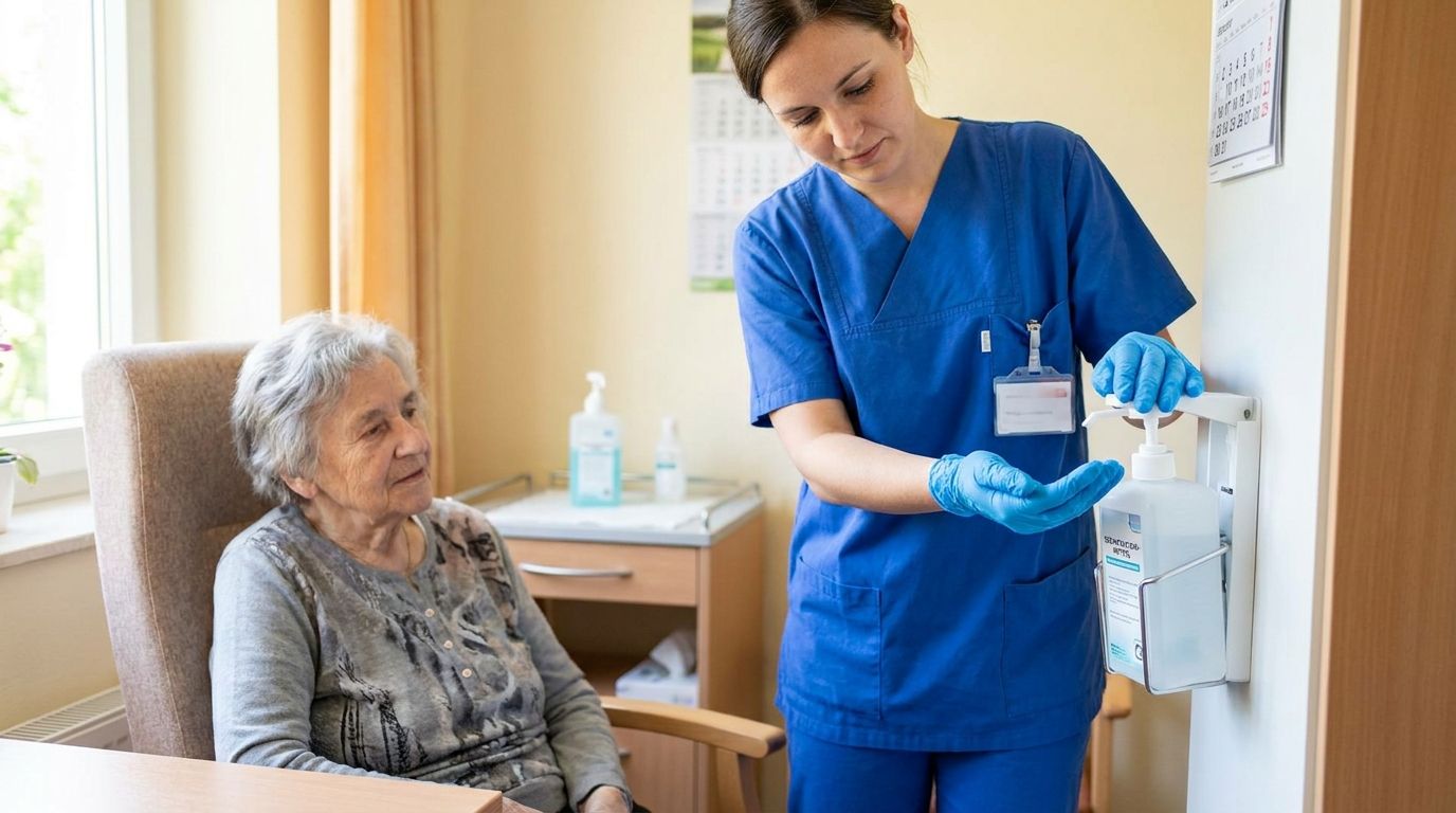 Pflegekraft mit Schutzhandschuhen und Händedesinfektion
