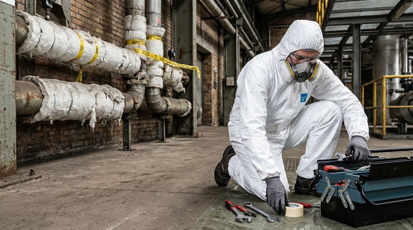 Industrieanlagen-Mitarbeiter bei Demontage-Vorbereitung an asbestisolierten Rohrleitungen