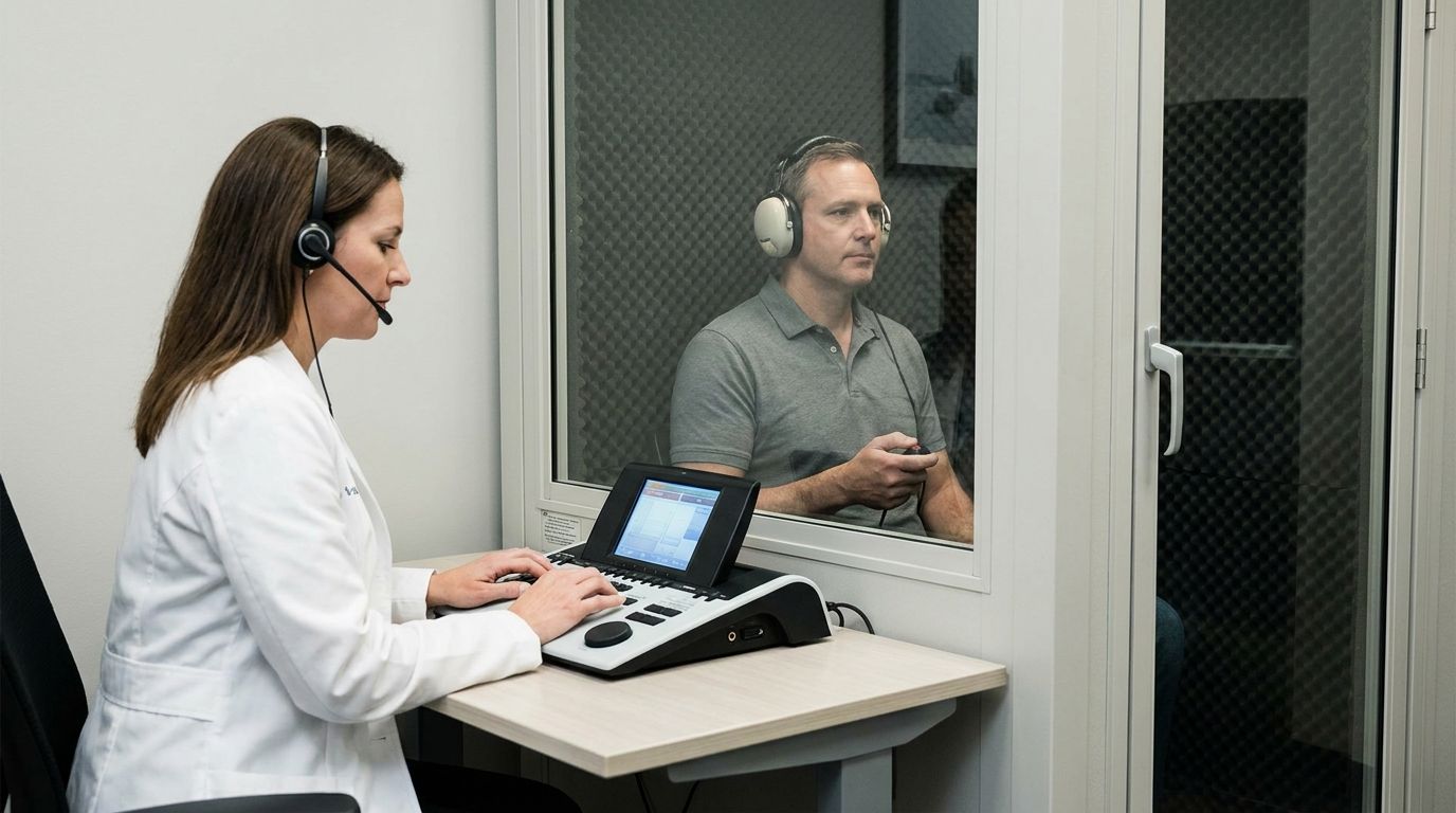 Betriebsarzt führt Tonschwellenaudiometrie in schalldichter Kabine durch