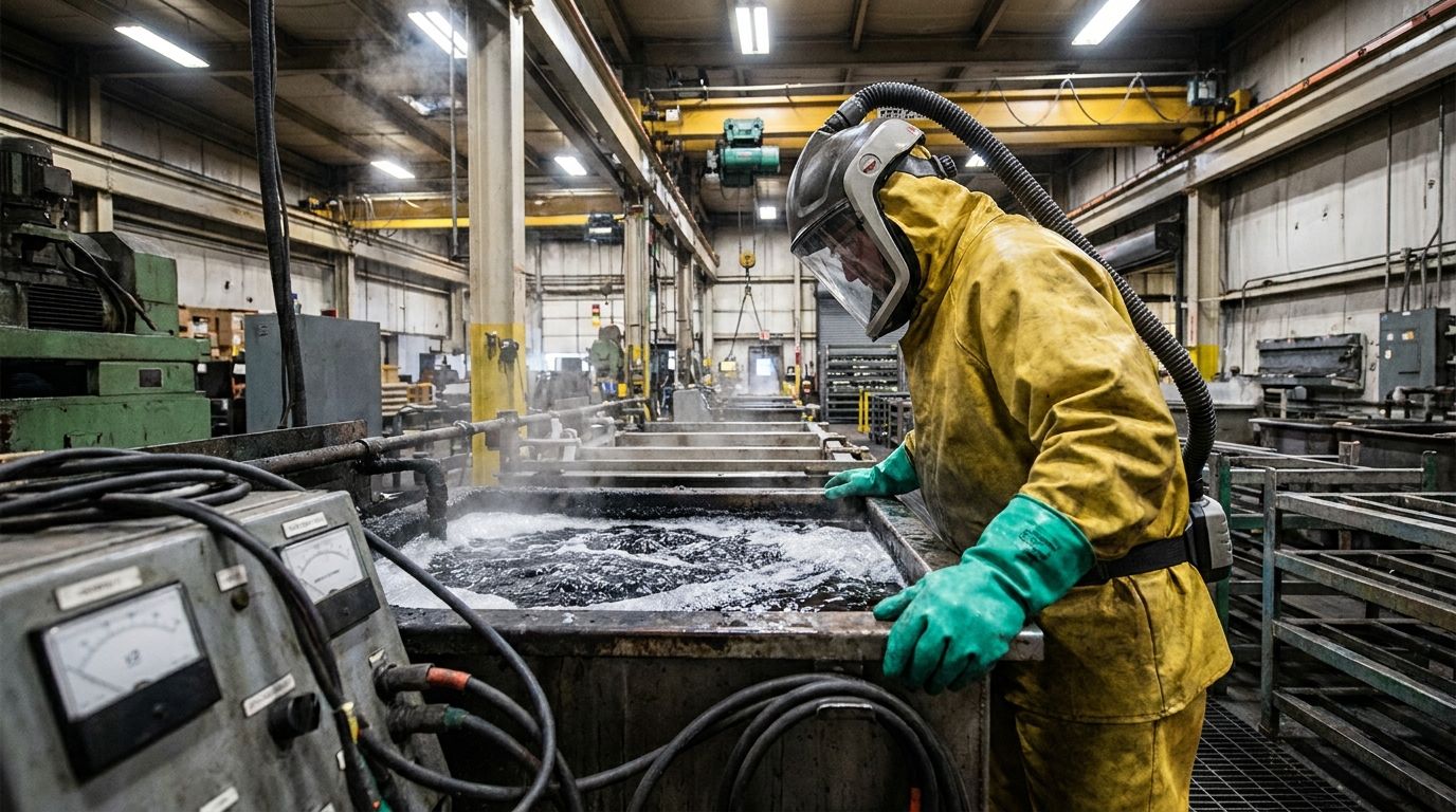 Galvaniseur in Säure-Schutzanzug an Hartverchromungs-Becken