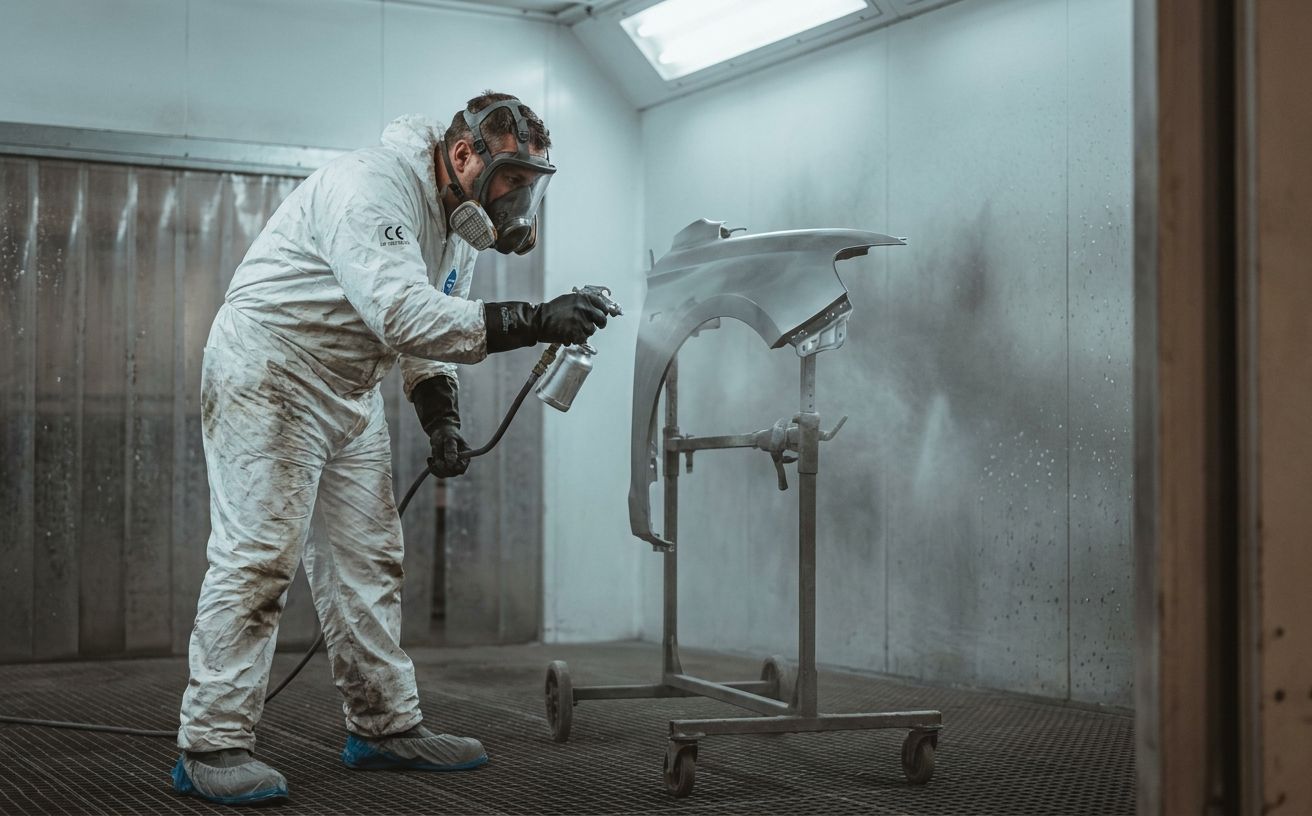 Industrielackierer in weißem Schutzoverall mit Vollmaske A2P3 und schwarzen Chemikalienhandschuhen beim Spritzlackieren eines Karosserieteils in einer deutschen Lackierkabine mit Wasserwand