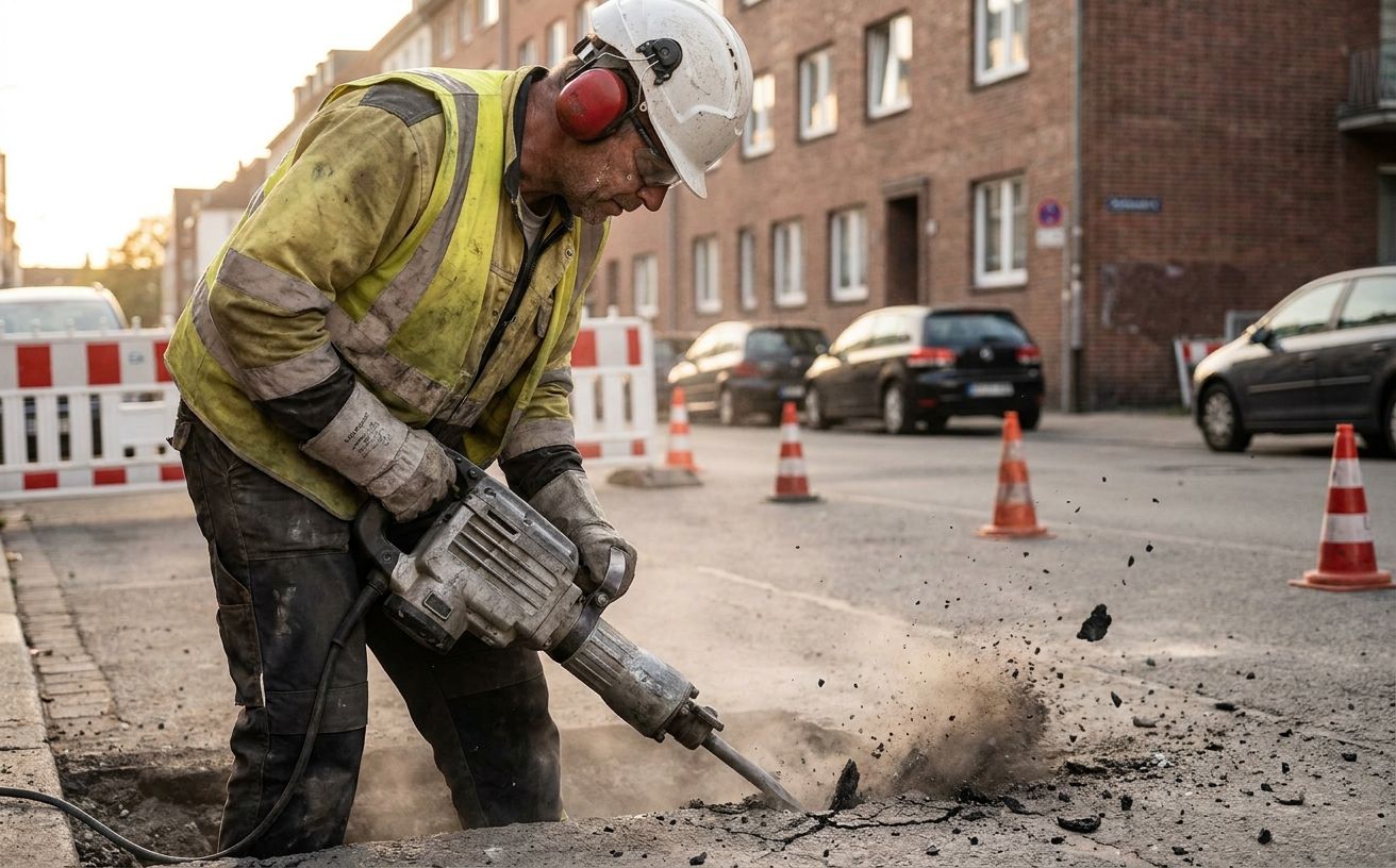 Bauarbeiter in oranger Warnschutzkleidung mit Helm und Gehörschutz arbeitet mit pneumatischem Aufbruchhammer auf einer deutschen Baustelle