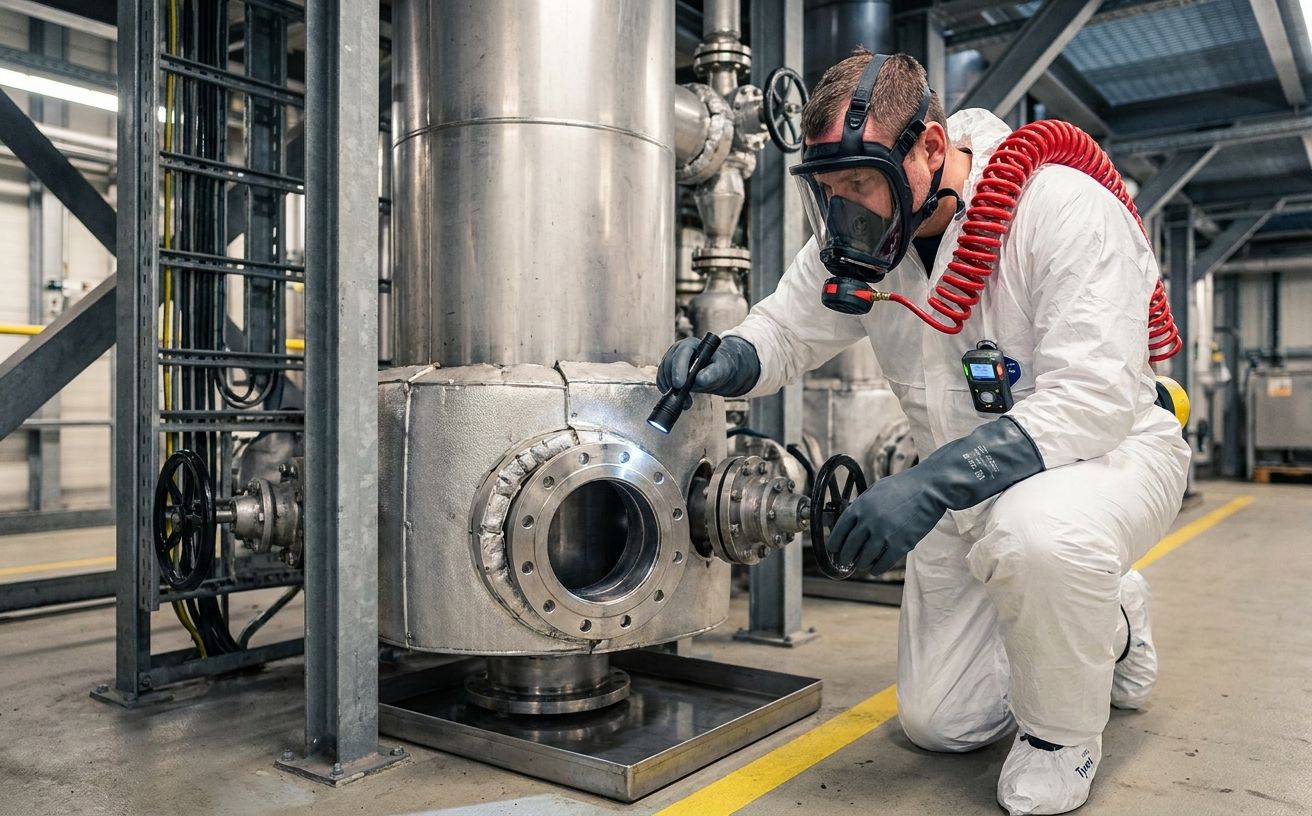 Mitarbeiter in PVC-Produktionsanlage in chemiebeständigem Schutzanzug mit Atemschutz an einem geschlossenen Polymerisationsreaktor in einem deutschen Chemiebetrieb