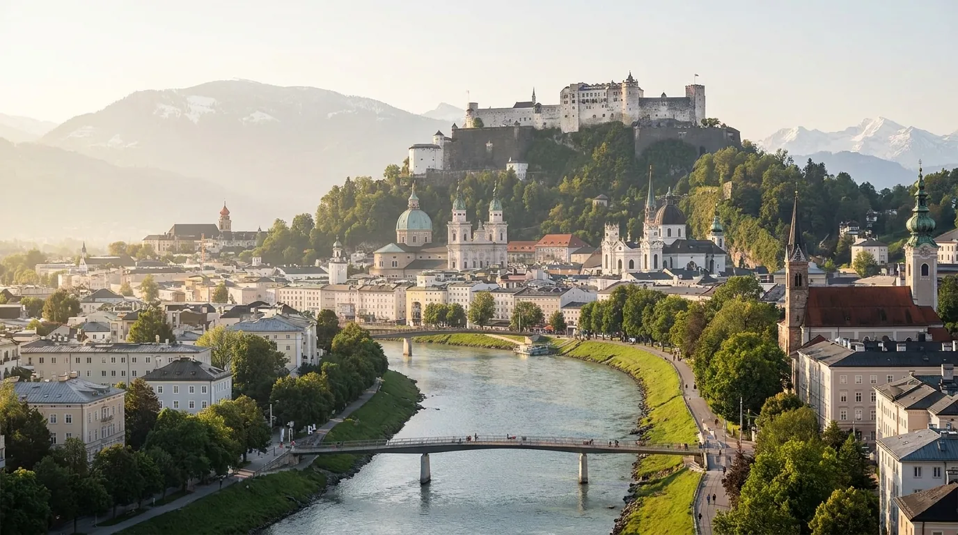 Salzburger Altstadt mit Festung Hohensalzburg über der Salzach, dahinter die Alpen